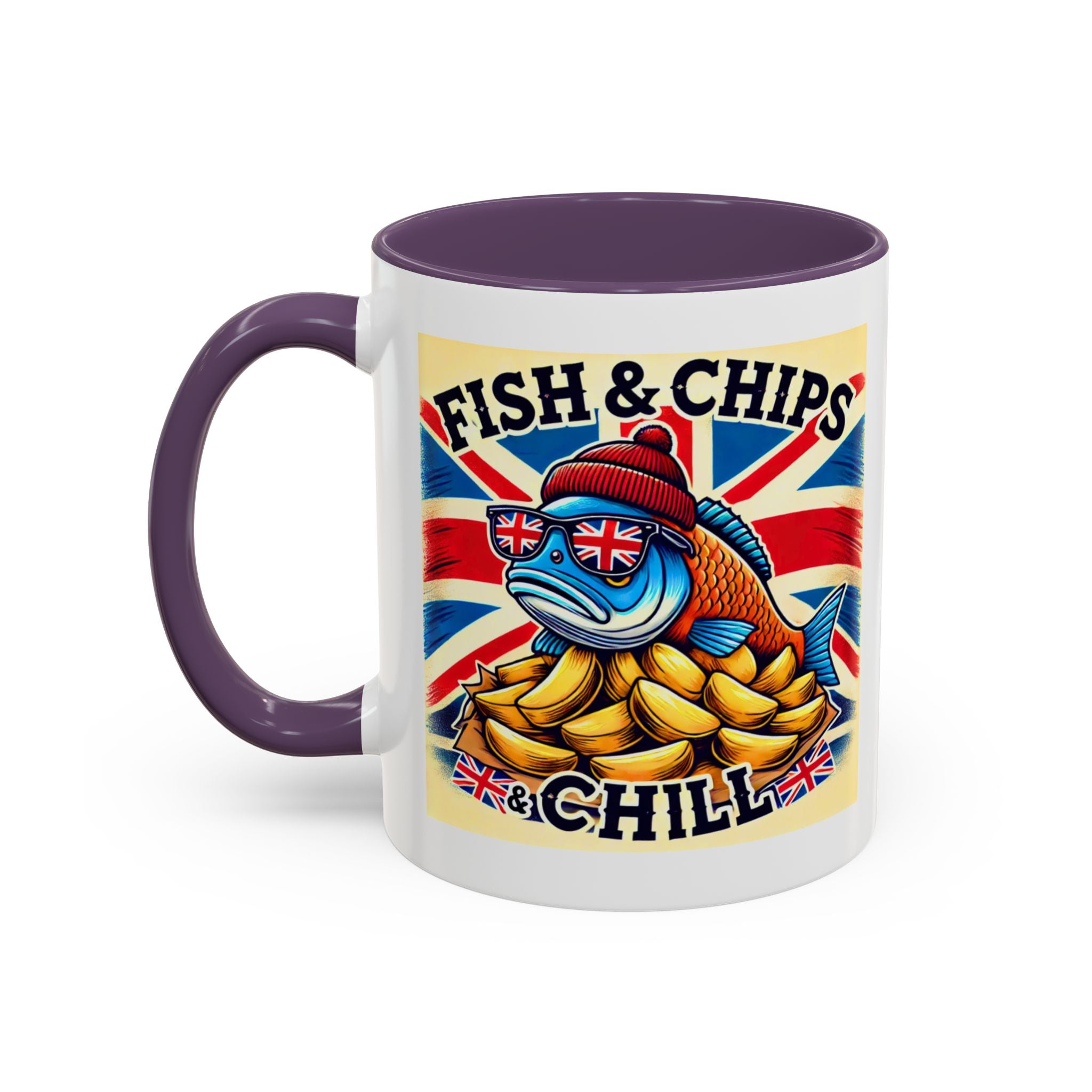 Fish & Chips n Chill Mug | Funny British Coffee Cup | Foodie Gift | Quirky UK Tea Mug | Accent Coffee Cup for Home or Office
