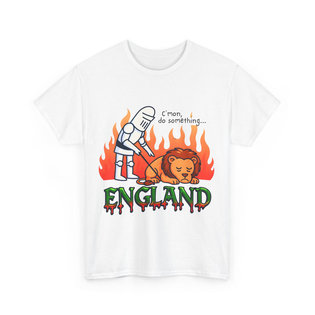 C'mon Do Something Funny England Meme T-Shirt | Unisex Heavy Cotton Tee | Sad Lion & Knight Cartoon National Pride Shirt | England T-shirt
