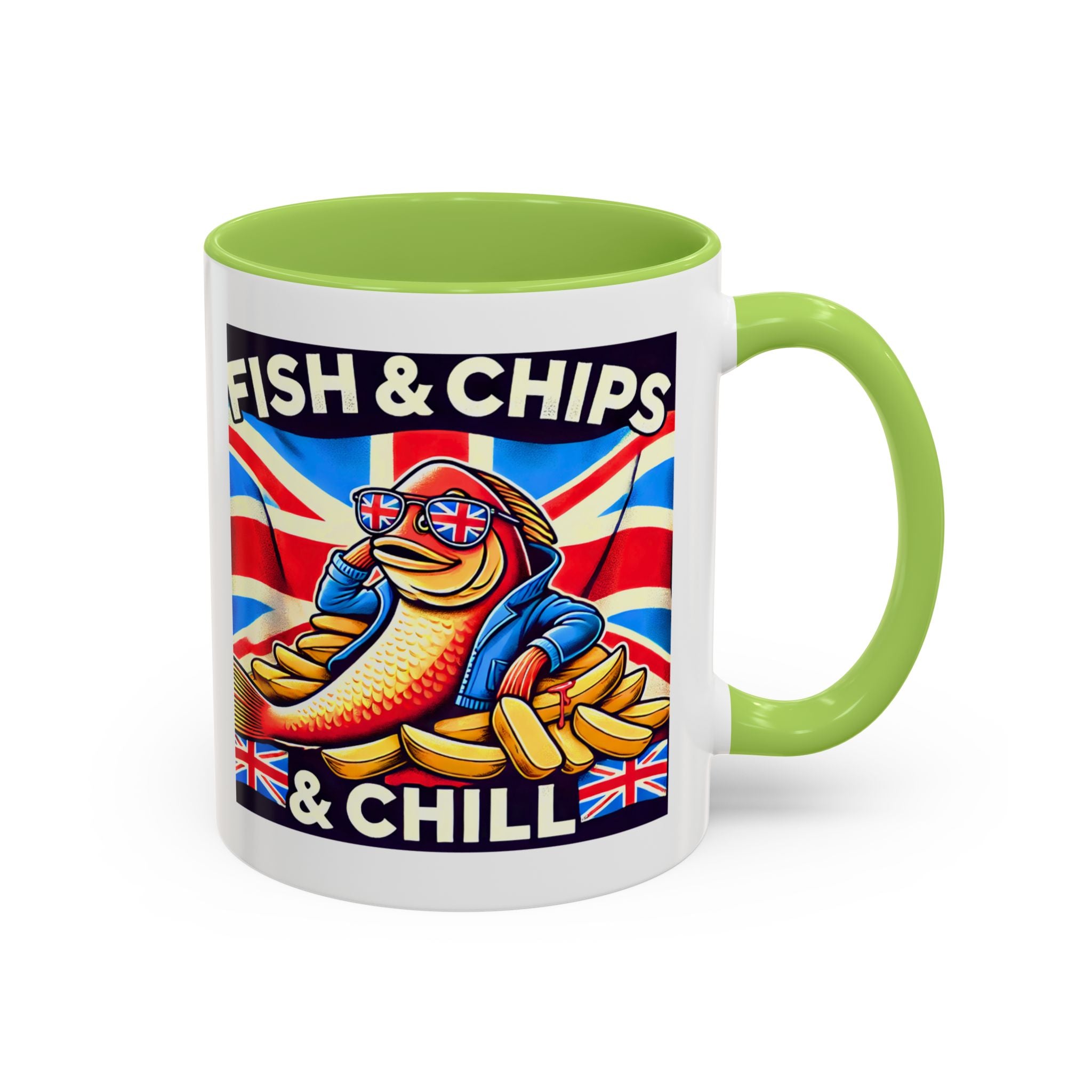 Fish & Chips n Chill Mug | Funny British Coffee Cup | Foodie Gift | Quirky UK Tea Mug | Accent Coffee Cup for Home or Office