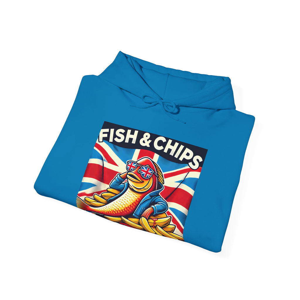 Fish & Chips n Chill Hoodie | Funny British Foodie Sweatshirt | Cozy Stylish UK Banter Wear | Gift for Food Lovers and Chippy Fans