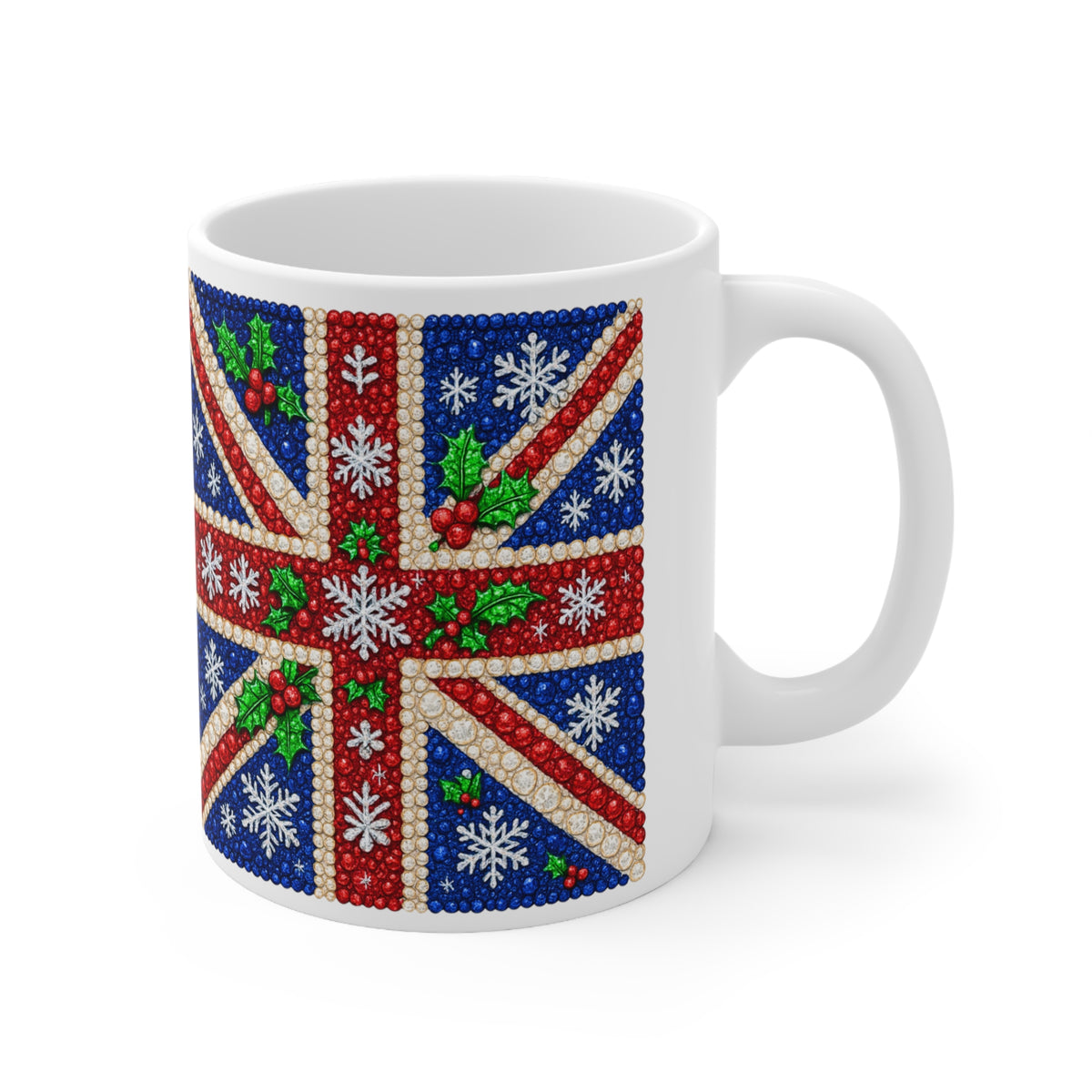 Rhinestone-style Union Jack Christmas mug with snowflakes, photo 10