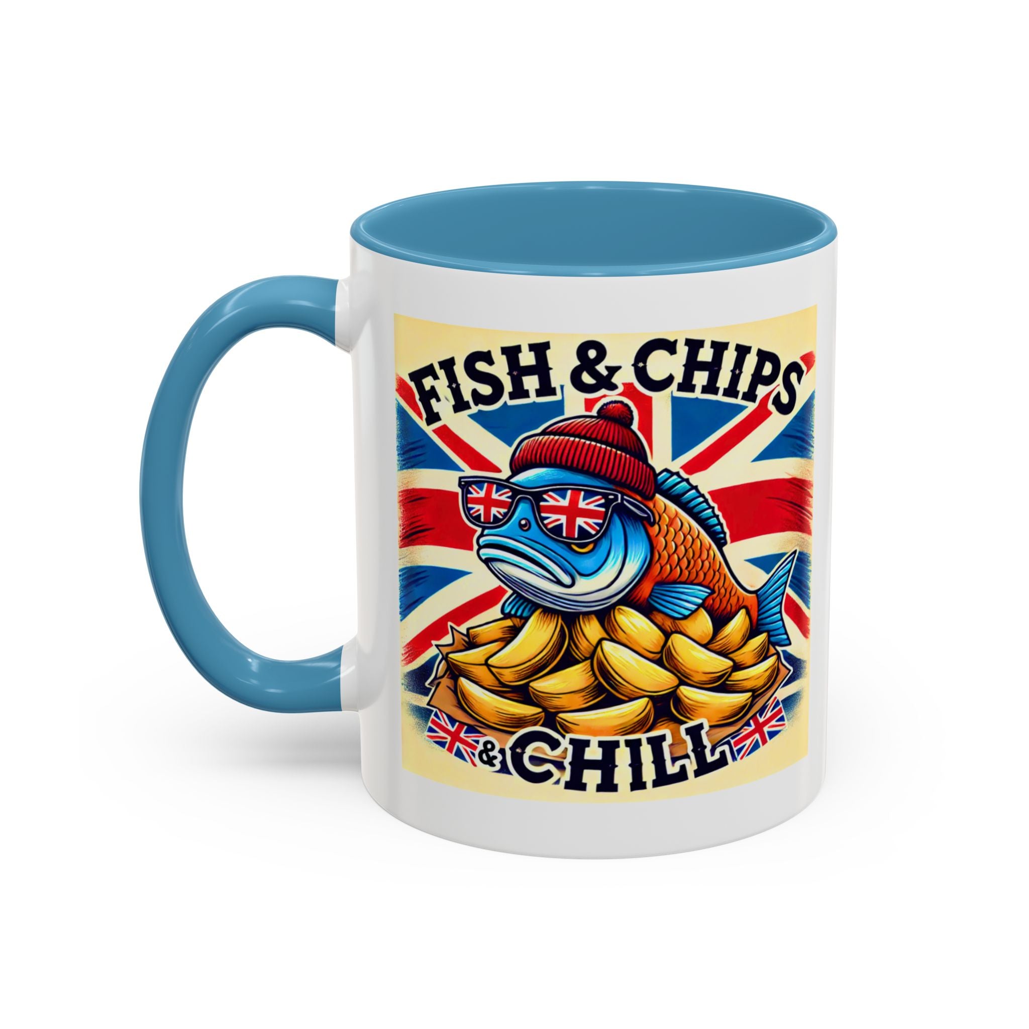 Fish & Chips n Chill Mug | Funny British Coffee Cup | Foodie Gift | Quirky UK Tea Mug | Accent Coffee Cup for Home or Office