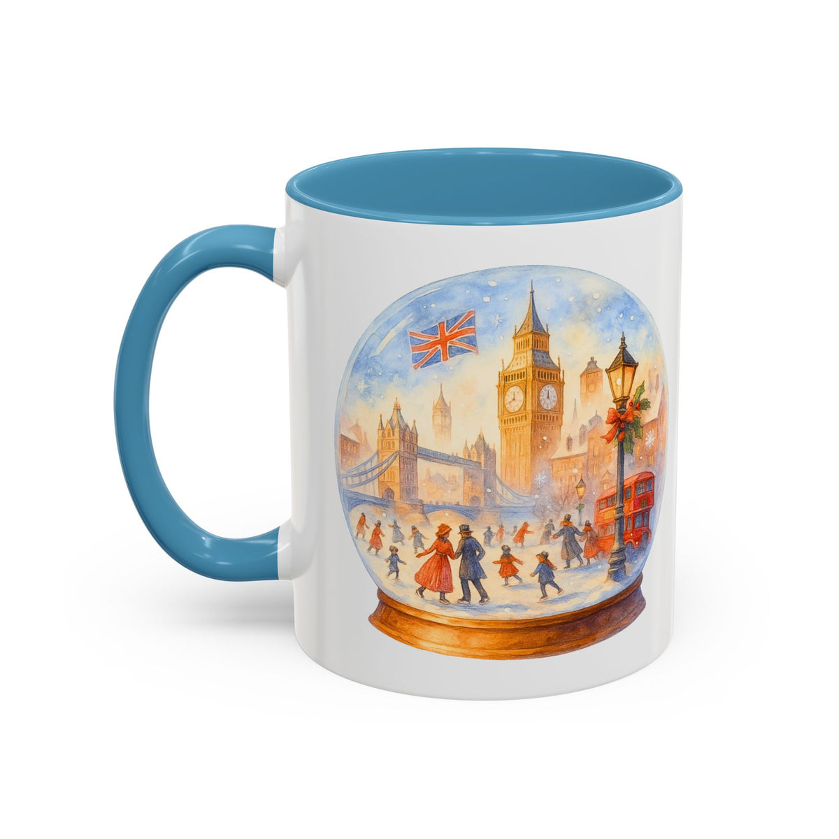 London snowglobe mug with Big Ben, Tower Bridge and red buses, photo 4