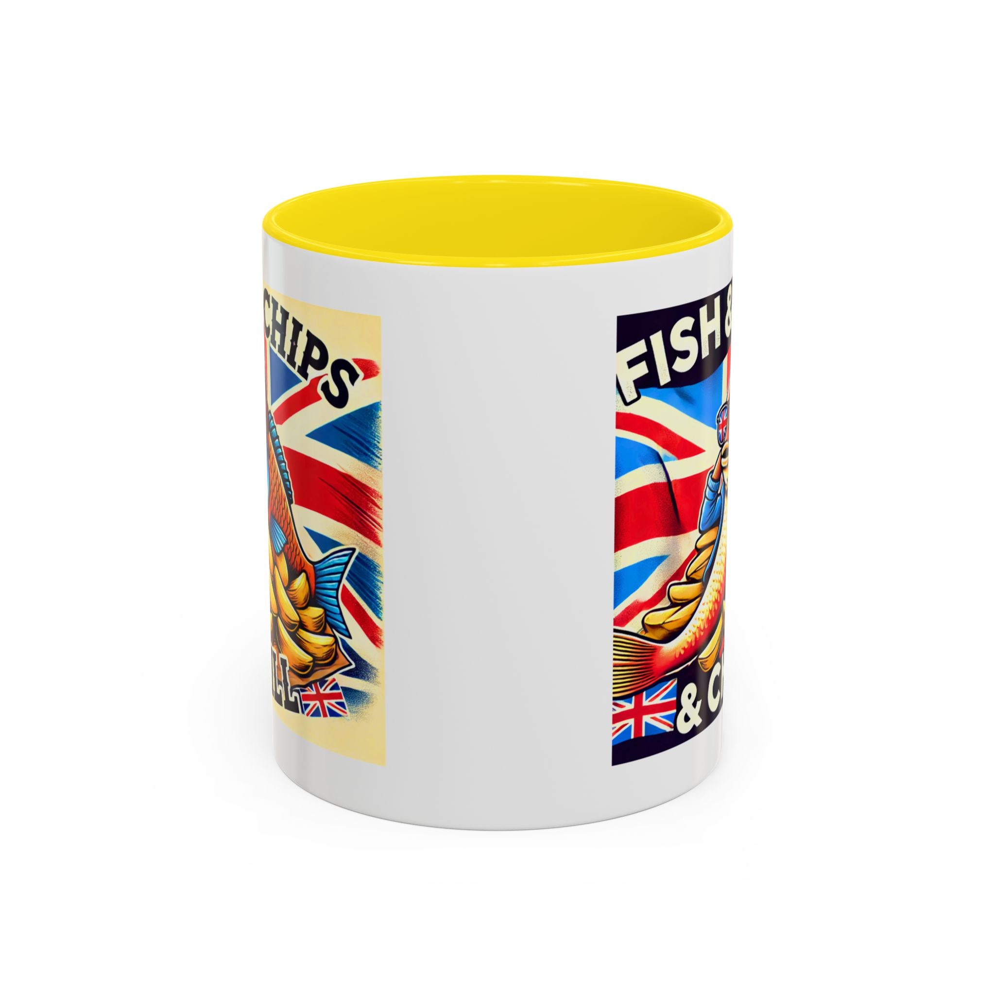 Fish & Chips n Chill Mug | Funny British Coffee Cup | Foodie Gift | Quirky UK Tea Mug | Accent Coffee Cup for Home or Office