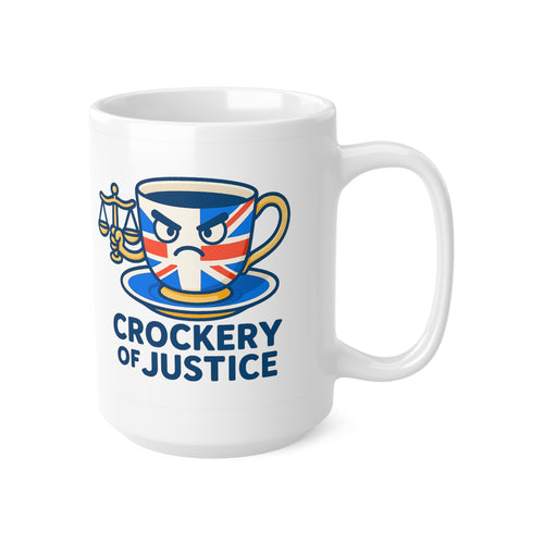 Crockery of Justice Mug | Funny British 11oz & 15oz Cup | UK Patriot Union Jack Tea Humour Gift | Quirky Unique Design