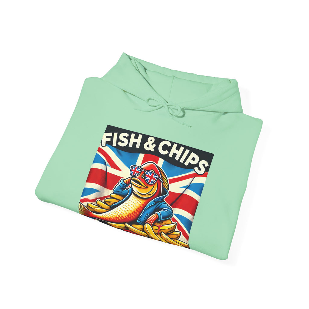 Fish & Chips n Chill Hoodie | Funny British Foodie Sweatshirt | Cozy Stylish UK Banter Wear | Gift for Food Lovers and Chippy Fans