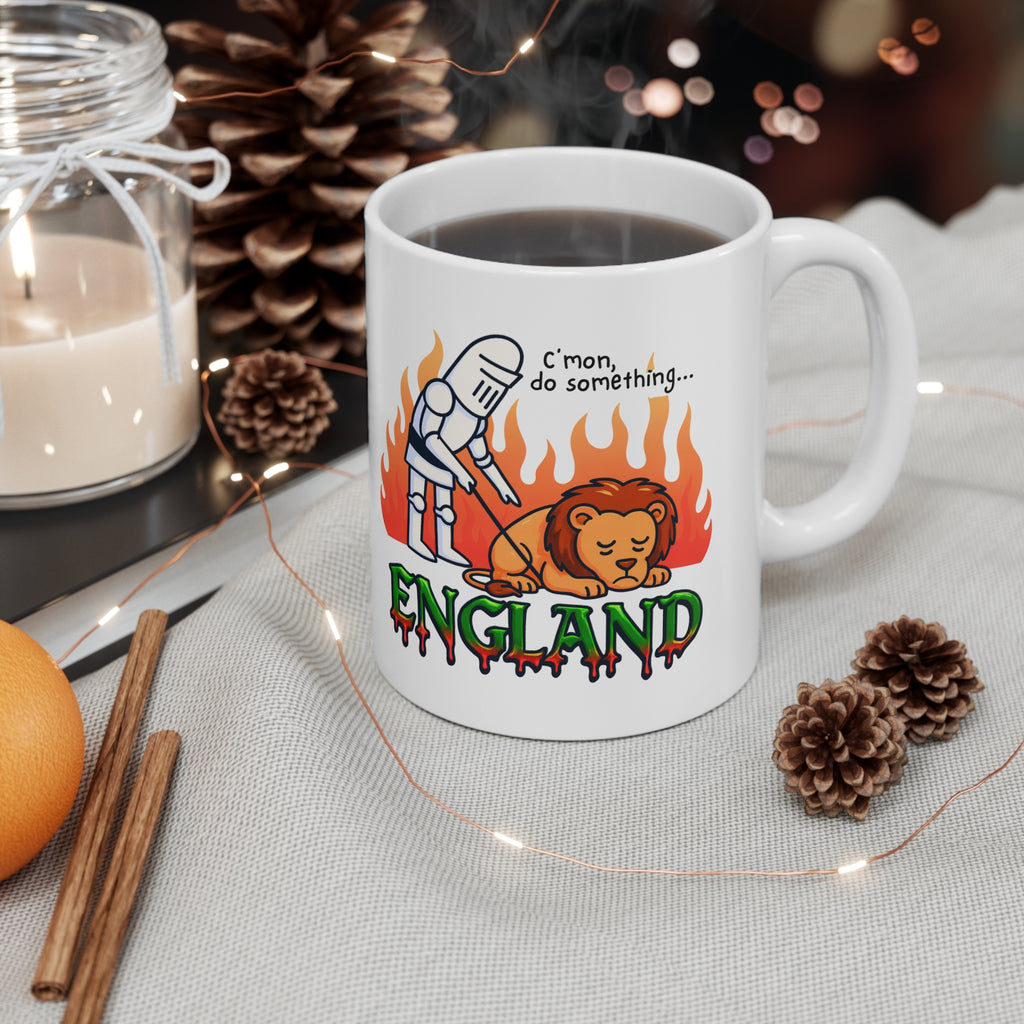 C'mon, Do Something Fiery Meme Mug | England Knight & Lion Cartoon Coffee Cup | 11oz and 15oz Parody Mug | Unique Gift for England Fans
