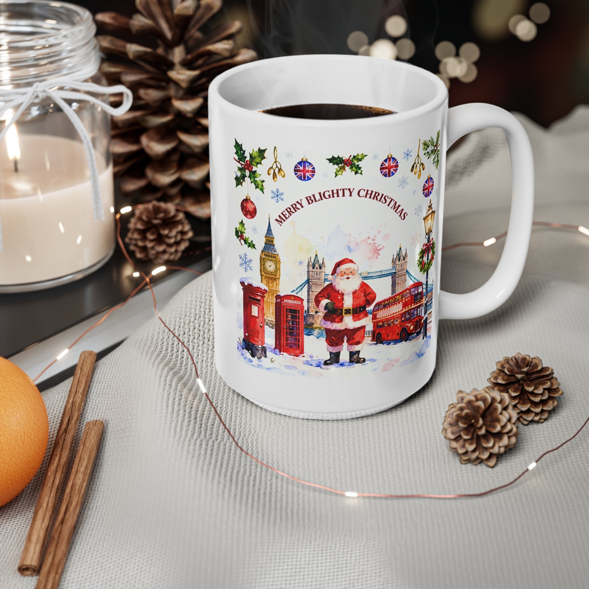 Merry Blighty Christmas - UK Santa Mug | British Festive Cup | London Watercolour Design | UK Holiday Gift