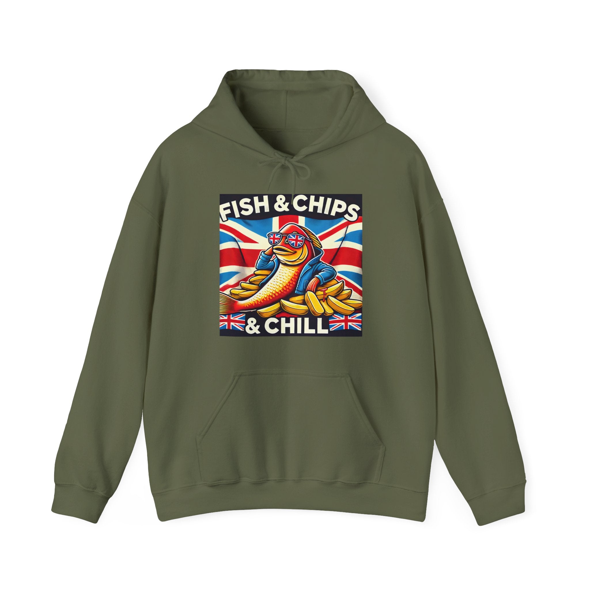Fish & Chips n Chill Hoodie | Funny British Foodie Sweatshirt | Cozy Stylish UK Banter Wear | Gift for Food Lovers and Chippy Fans