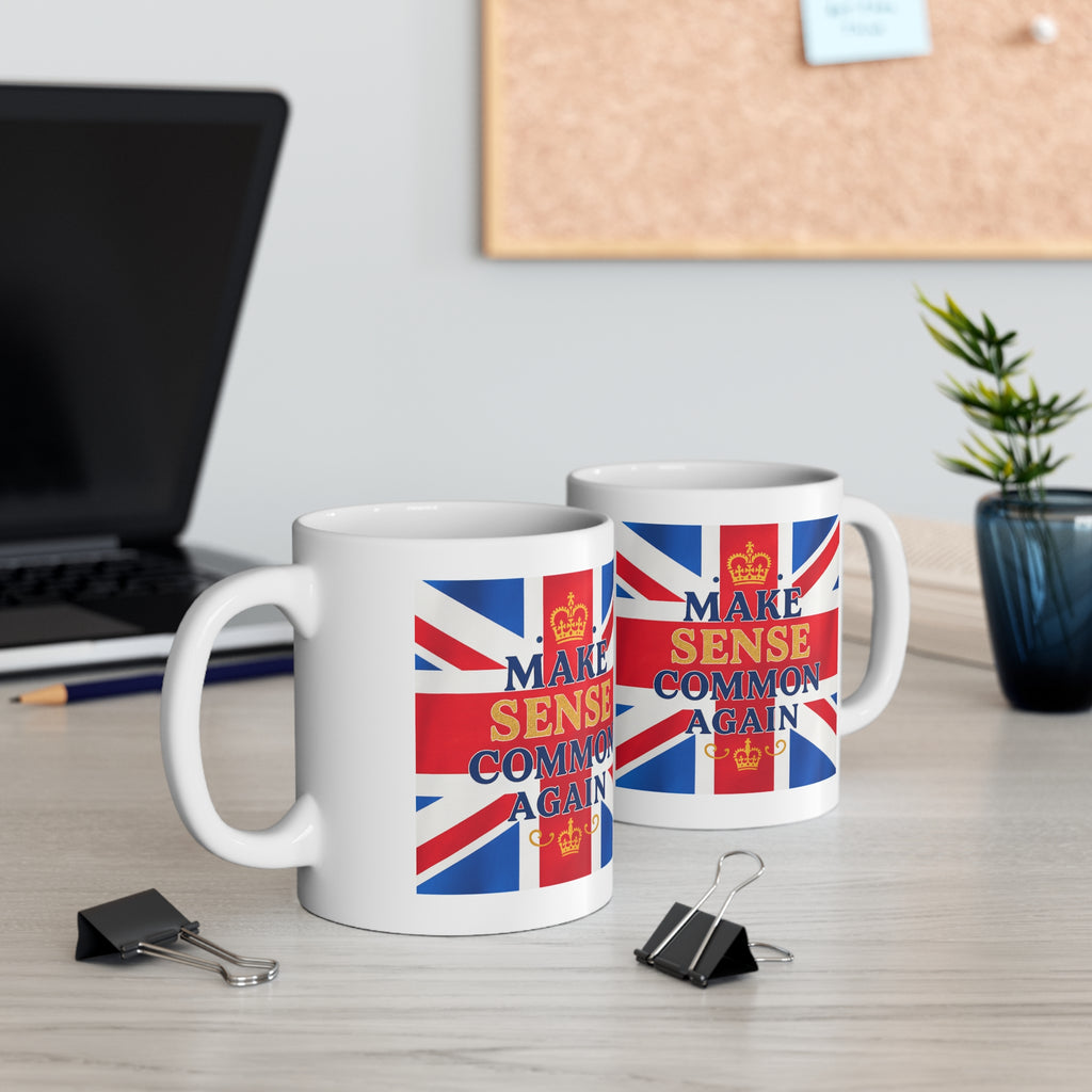Union Jack Mug | "Make Sense Common Again" | Funny British Political Parody | Patriotic UK Free Speech Cup | Satirical Tea Gift