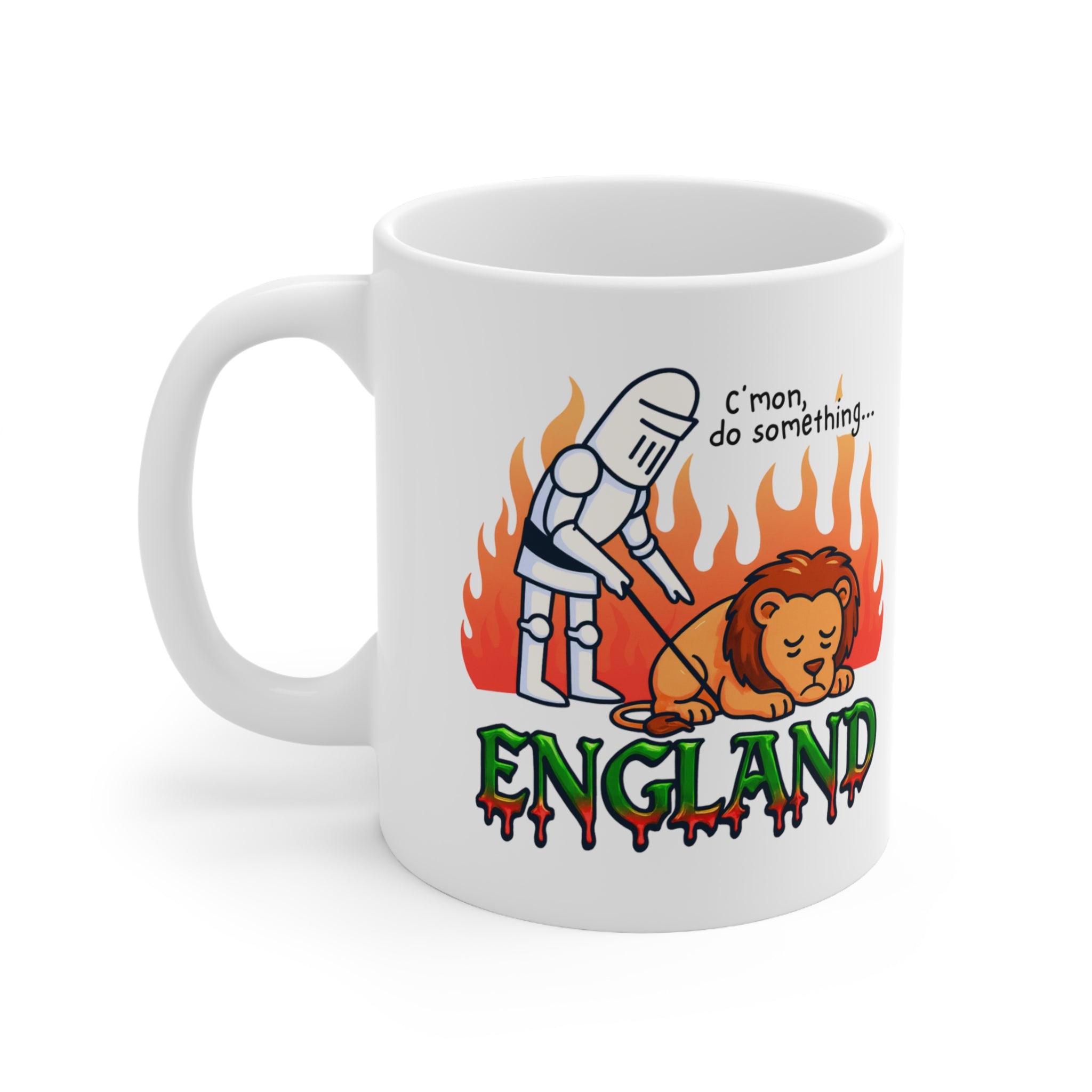 C'mon, Do Something Fiery Meme Mug | England Knight & Lion Cartoon Coffee Cup | 11oz and 15oz Parody Mug | Unique Gift for England Fans