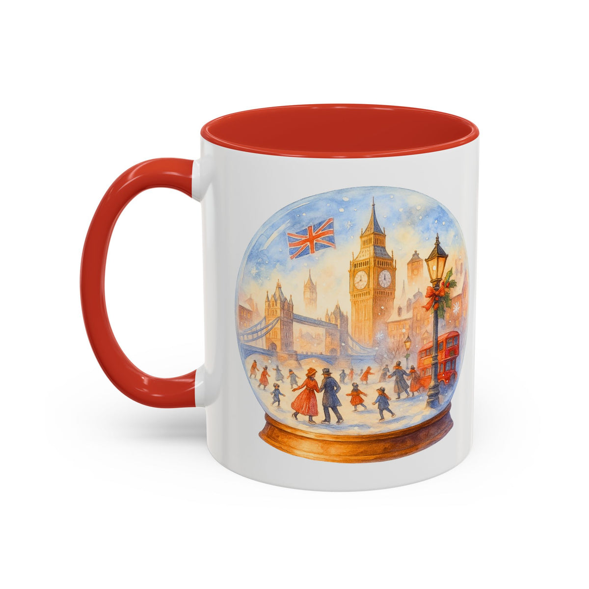 London snowglobe mug with Big Ben, Tower Bridge and red buses