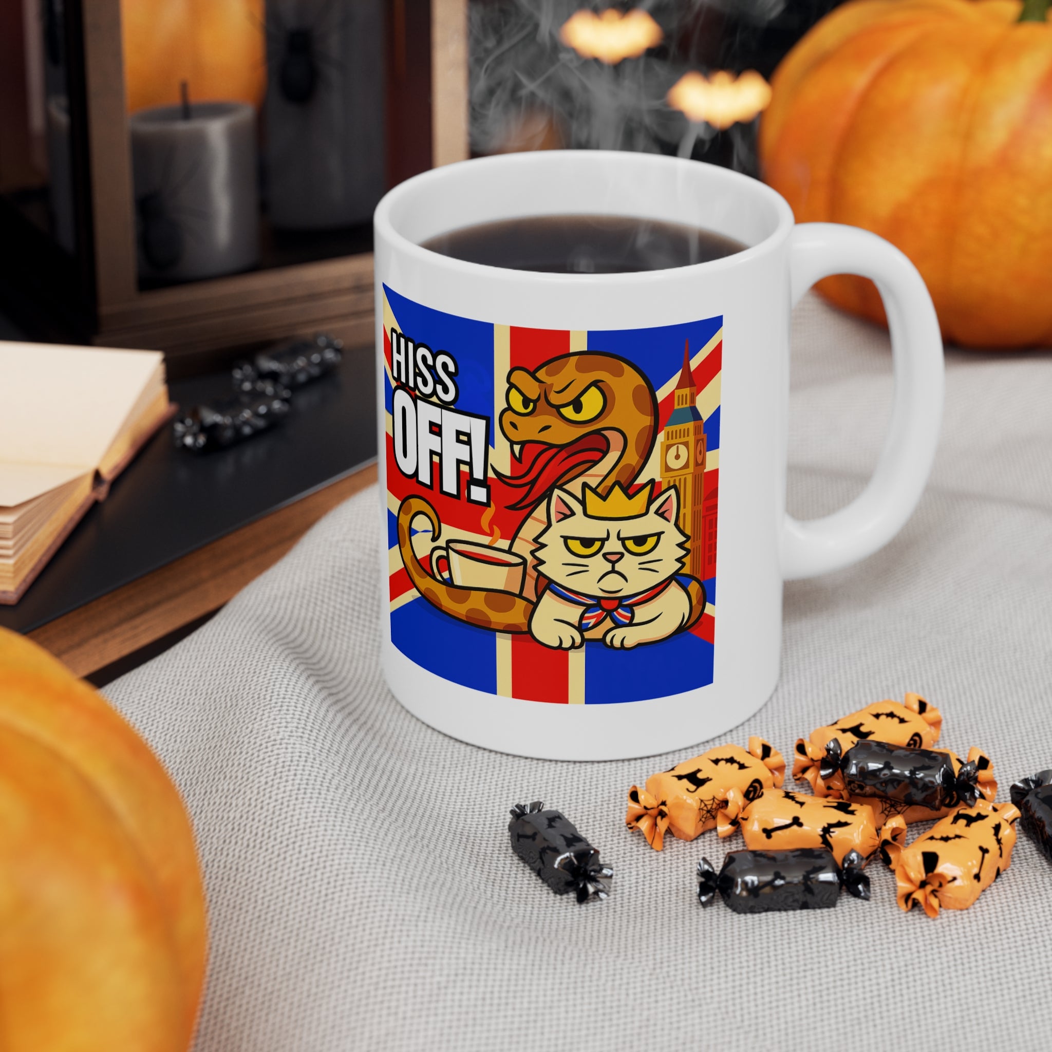 HISS OFF 11oz Mug | Funny British Snake Cat Cartoon | Union Jack Sassy Animal Gift | Snarky UK Humor Coffee Cup | Tea Lover Present