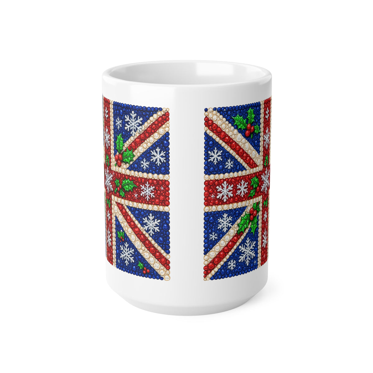 Rhinestone-style Union Jack Christmas mug with snowflakes, photo 3