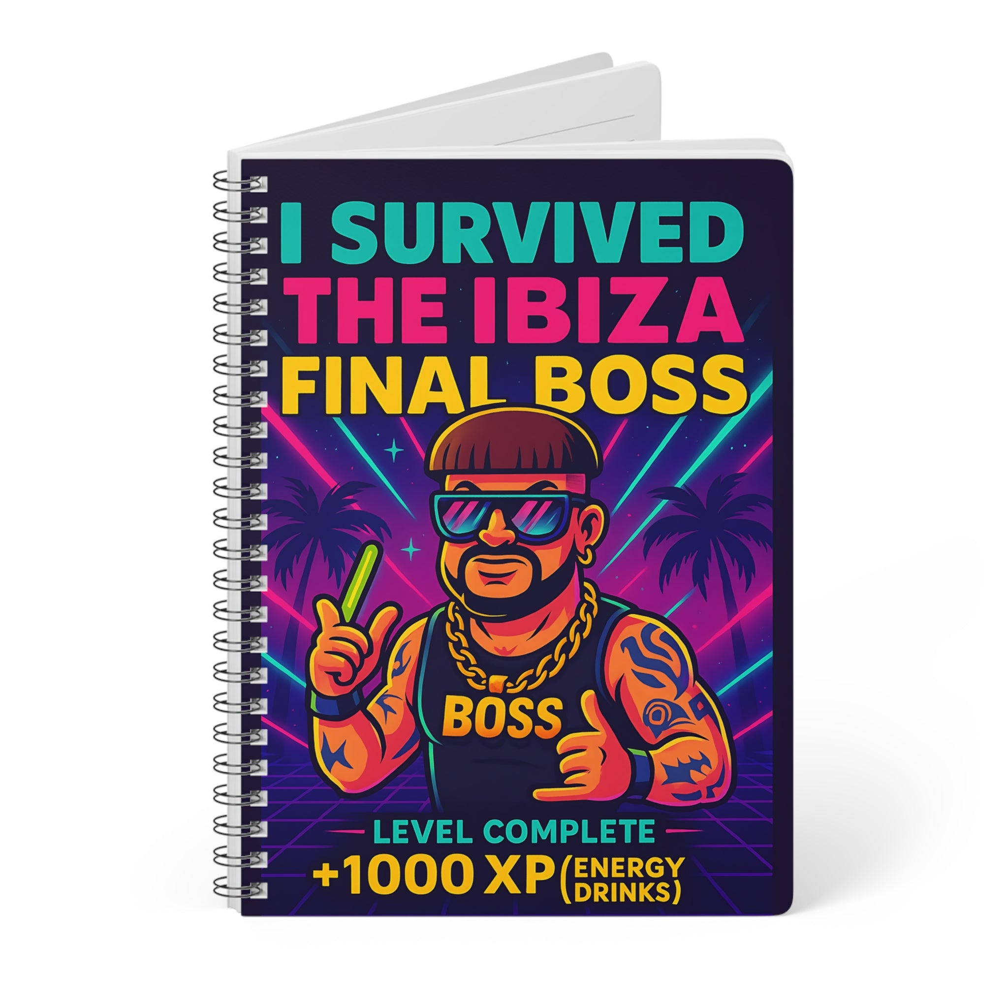 I Survived the Ibiza Final Boss Journal | Funny UK Summer Meme Notebook | British Rave Party Gift | A5 Neon Festival Uni Stationery