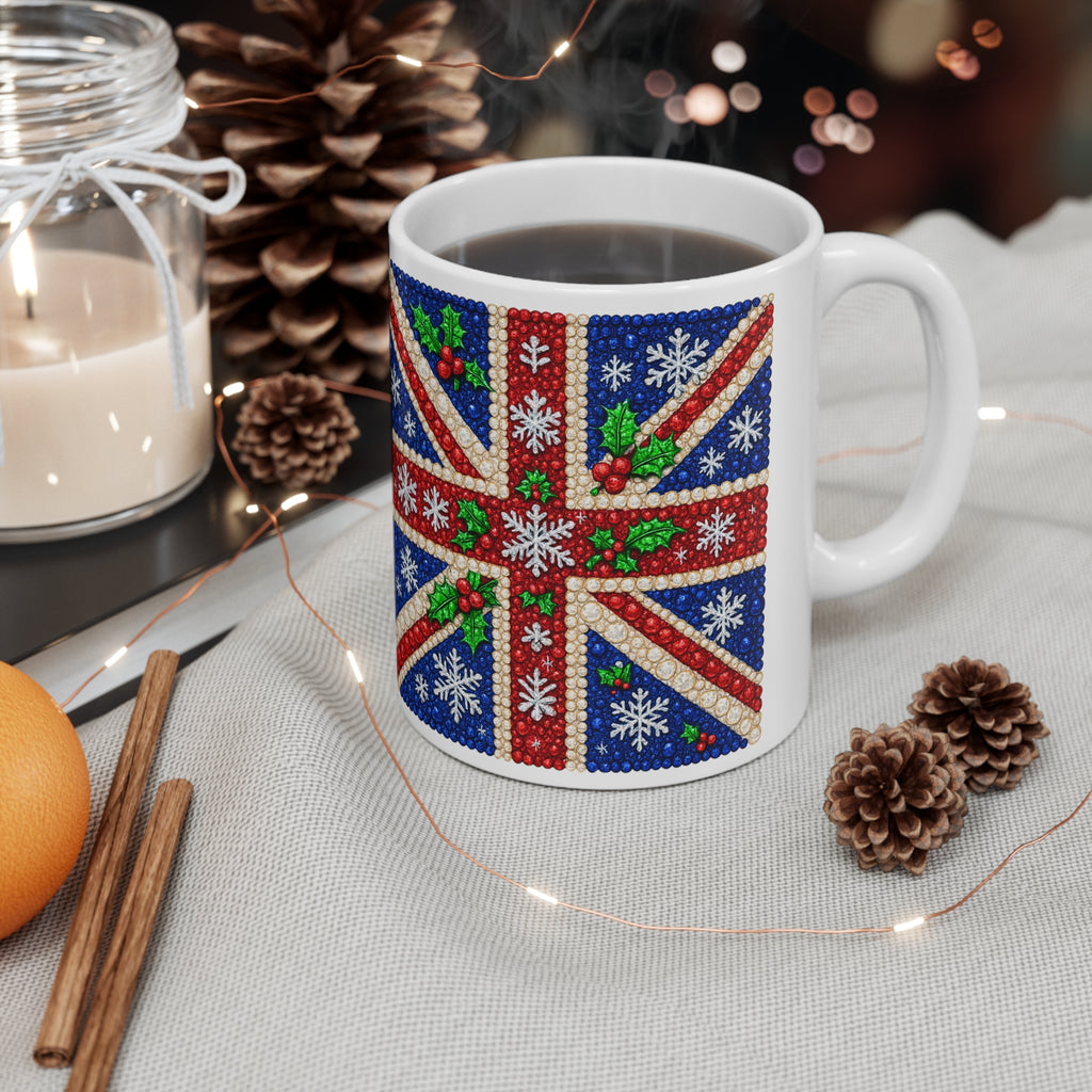 Rhinestone-style Union Jack Christmas mug with snowflakes, photo 11