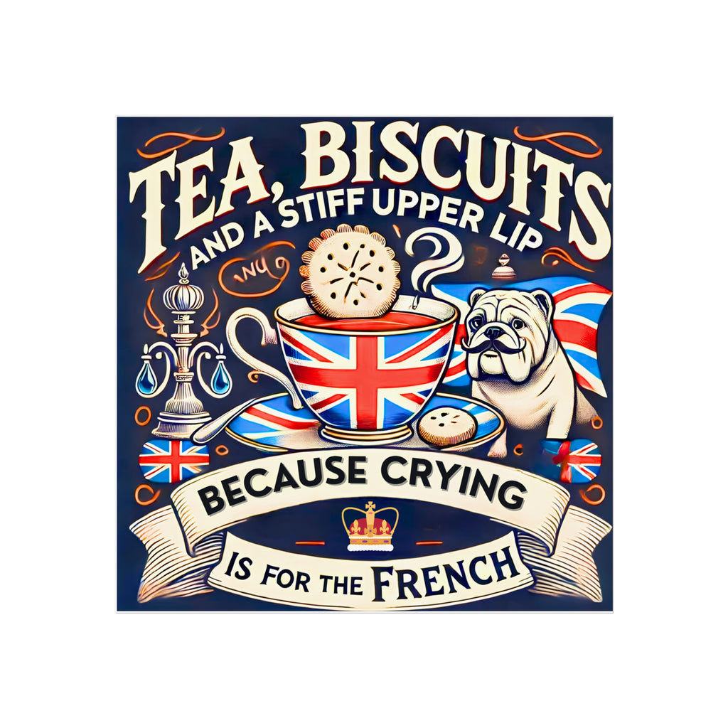 Tea, Biscuits and a Stiff Upper Lip Poster | Crying Is For The French Vintage British Bulldog Gift | Unique Patriotic UK Wall Art Print