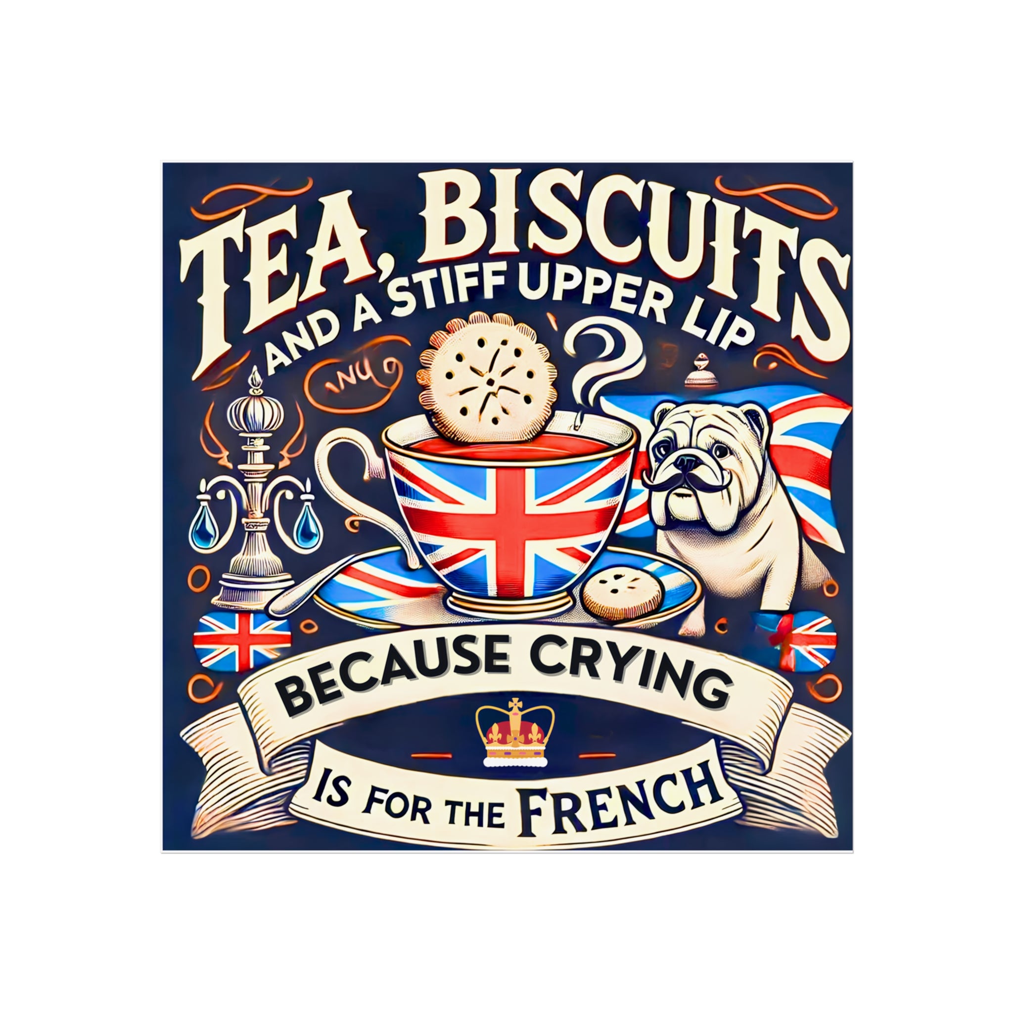 Tea, Biscuits and a Stiff Upper Lip Poster | Crying Is For The French Vintage British Bulldog Gift | Unique Patriotic UK Wall Art Print