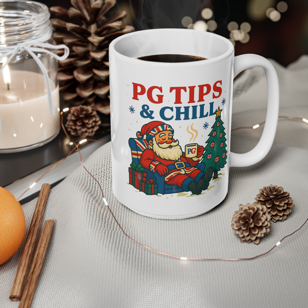 PG Tips and Chill Christmas mug with Santa in a Union Jack armchair, photo 8