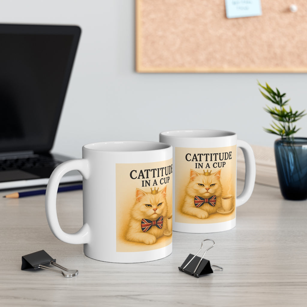 Cattitude in a Cup 11oz Mug | Funny Sassy Cat Coffee Cup | Cute Cat Lover Gift | Royal Kitty Tea Mug | Microwave & Dishwasher Safe