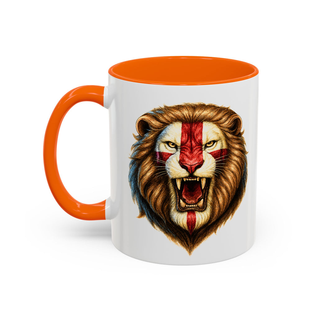 Roaring English Lion Accent Mug | St. George's Cross Patriotic Coffee Cup | Funny Medieval England Gift in Glossy Finish