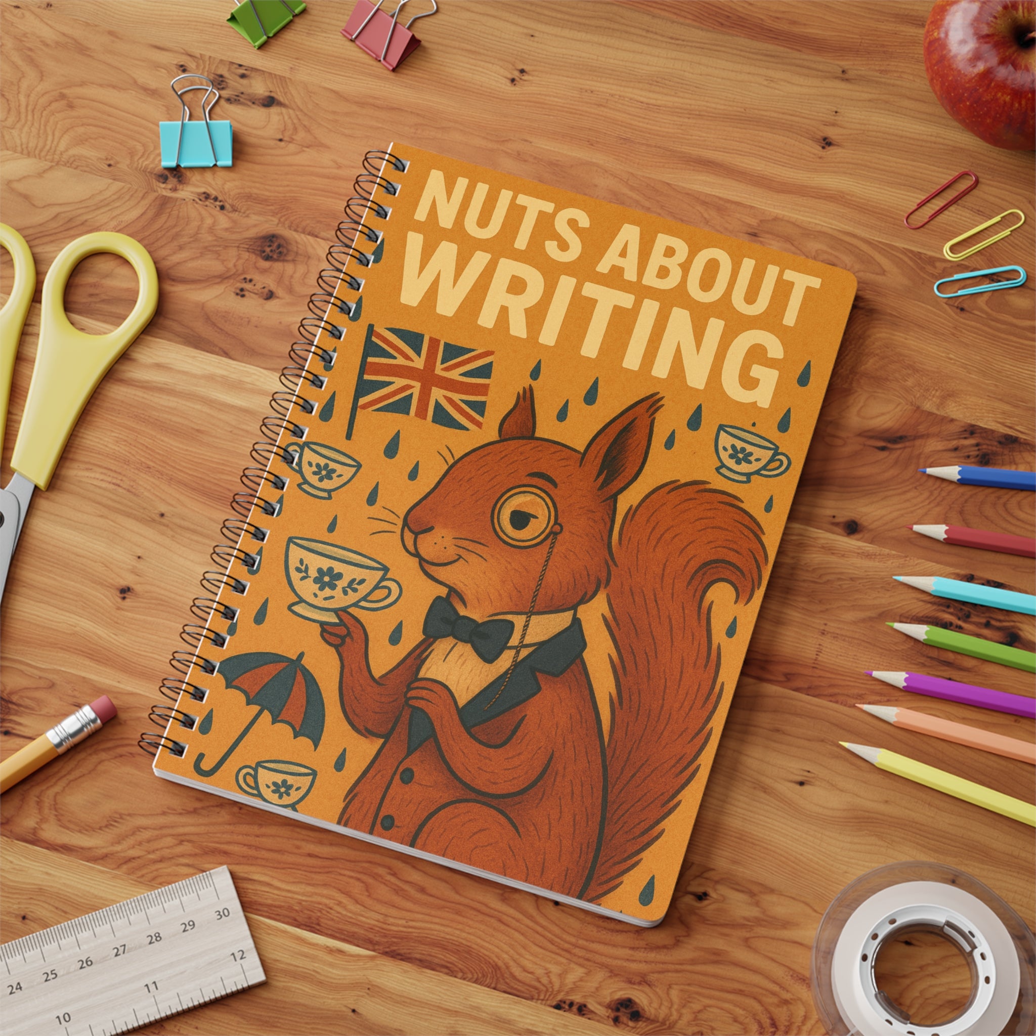 Nuts About Writing Squirrel Journal | Funny Posh Squirrel with Monocle | A5 Student Uni Notebook | Whimsical British Digital Art Style Diary