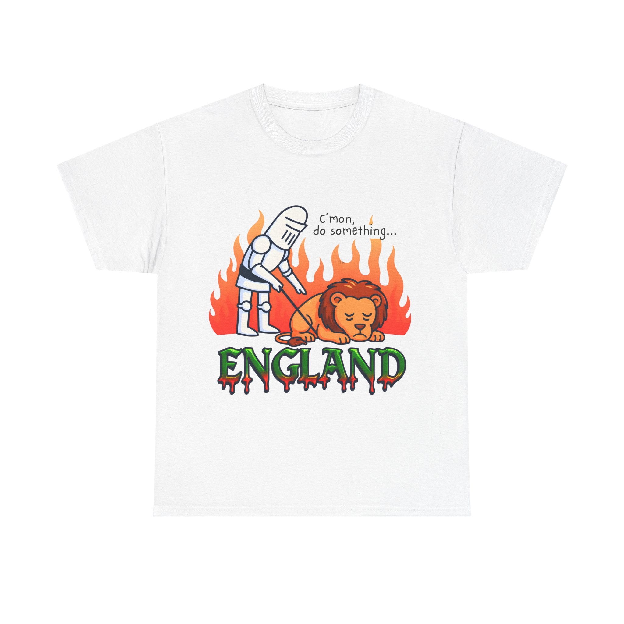 C'mon Do Something Funny England Meme T-Shirt | Unisex Heavy Cotton Tee | Sad Lion & Knight Cartoon National Pride Shirt | England T-shirt