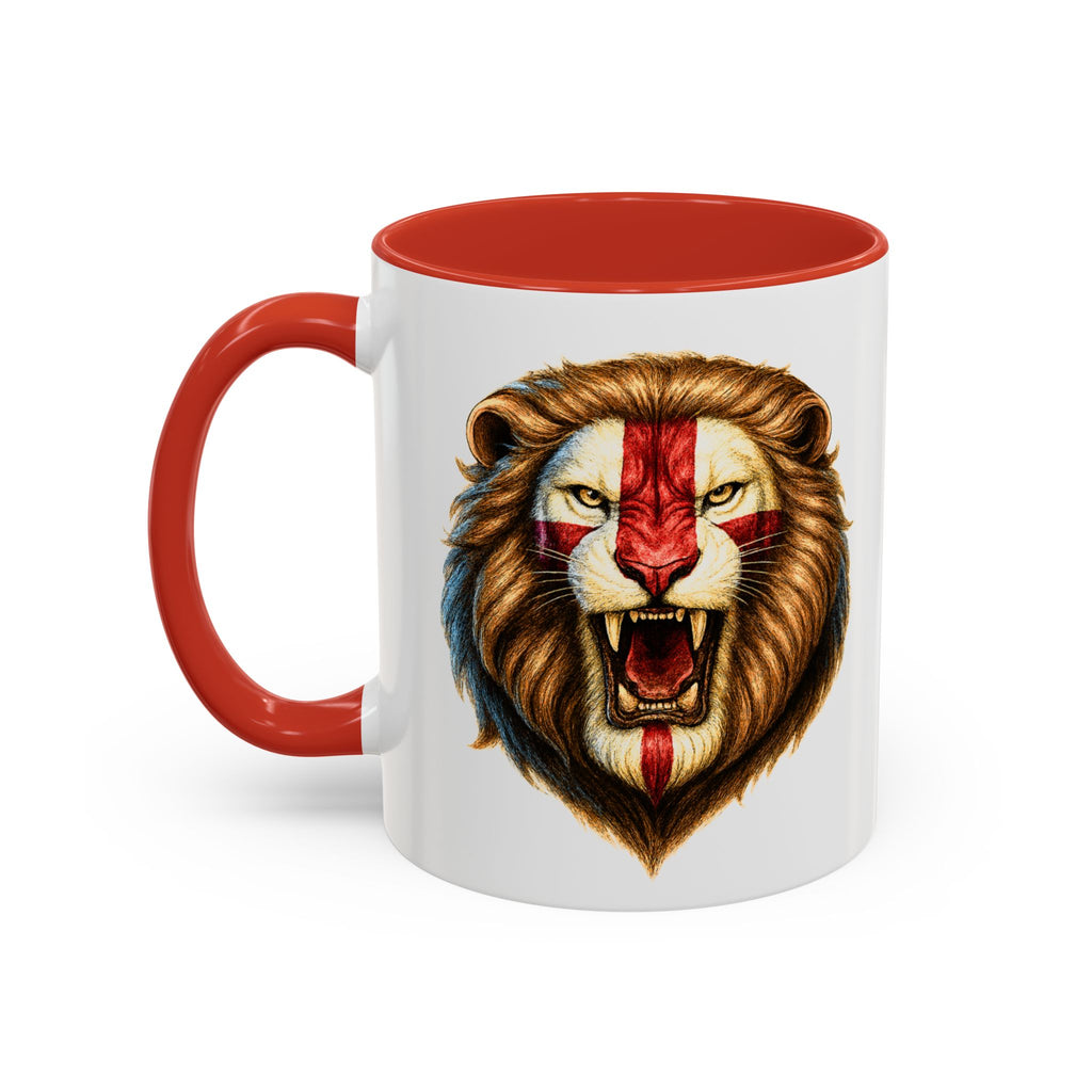 Roaring English Lion Accent Mug | St. George's Cross Patriotic Coffee Cup | Funny Medieval England Gift in Glossy Finish