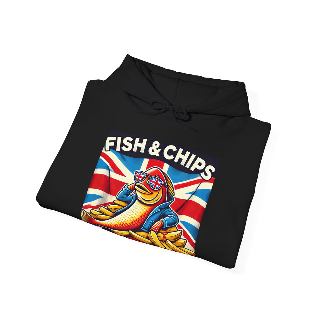 Fish & Chips n Chill Hoodie | Funny British Foodie Sweatshirt | Cozy Stylish UK Banter Wear | Gift for Food Lovers and Chippy Fans