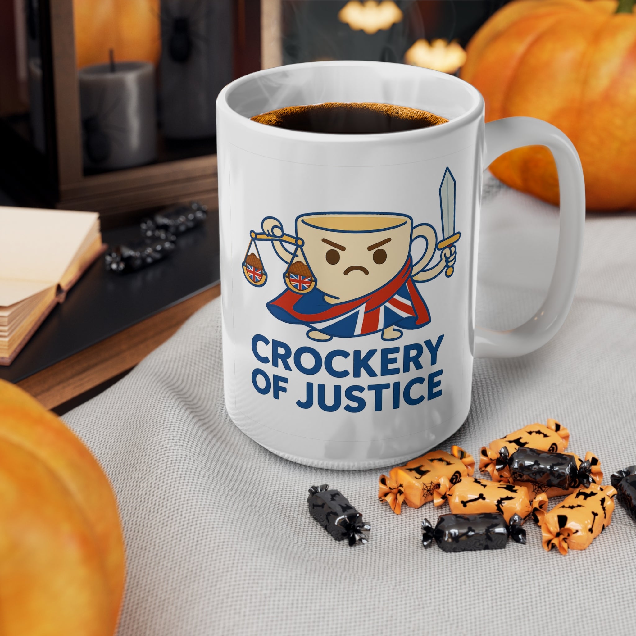Crockery of Justice Mug | Funny Union Jack Cup with Scales & Sword | Quirky British Tea Humour Cup | UK Patriot Gift