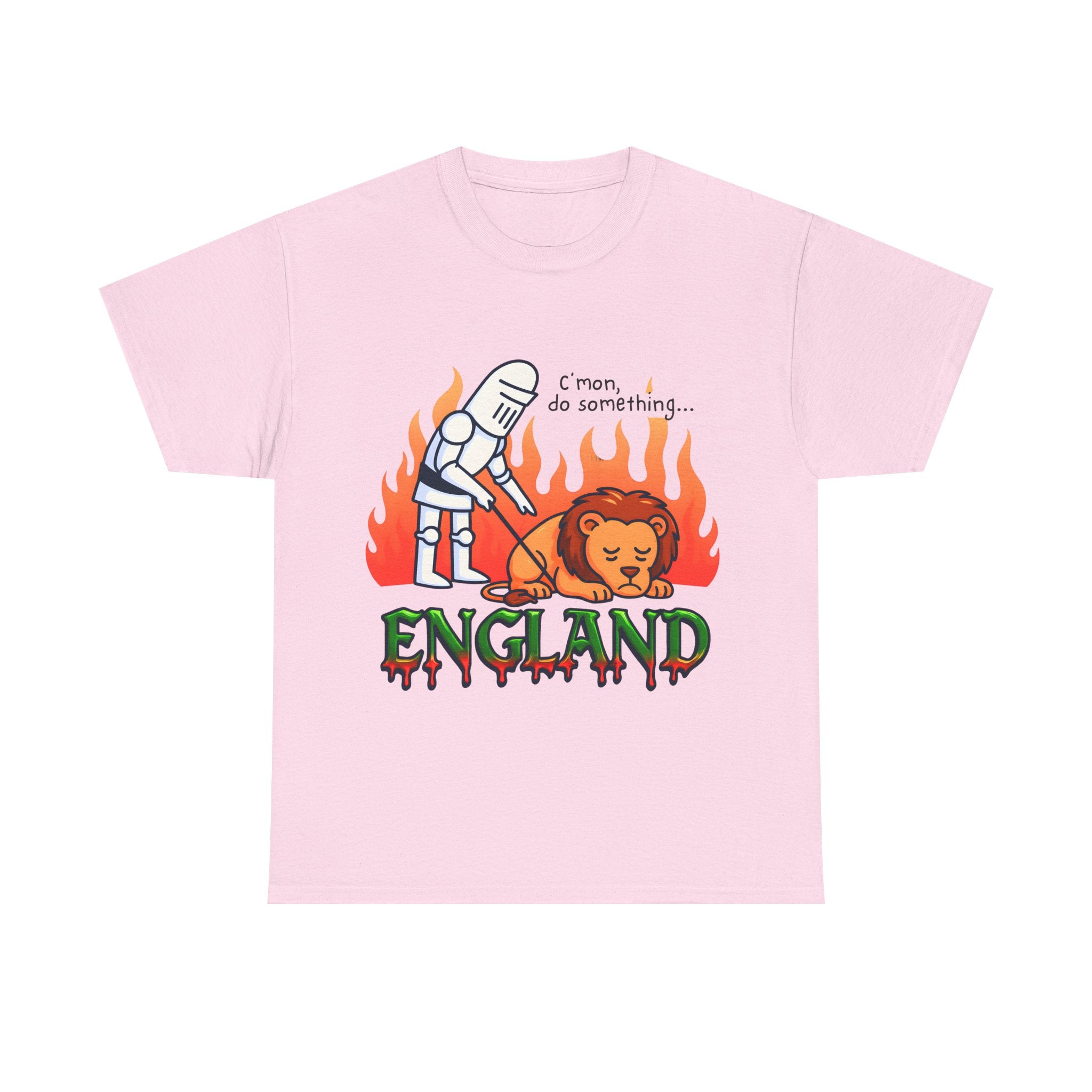 C'mon Do Something Funny England Meme T-Shirt | Unisex Heavy Cotton Tee | Sad Lion & Knight Cartoon National Pride Shirt | England T-shirt