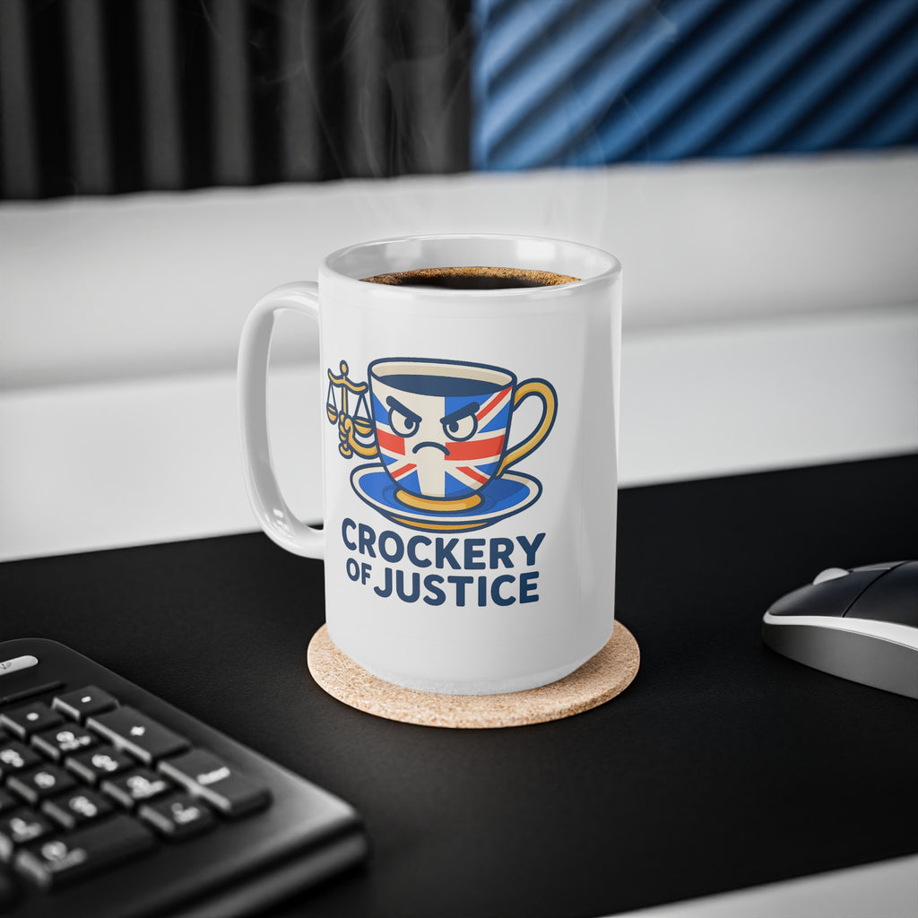 Crockery of Justice Mug | Funny British 11oz & 15oz Cup | UK Patriot Union Jack Tea Humour Gift | Quirky Unique Design
