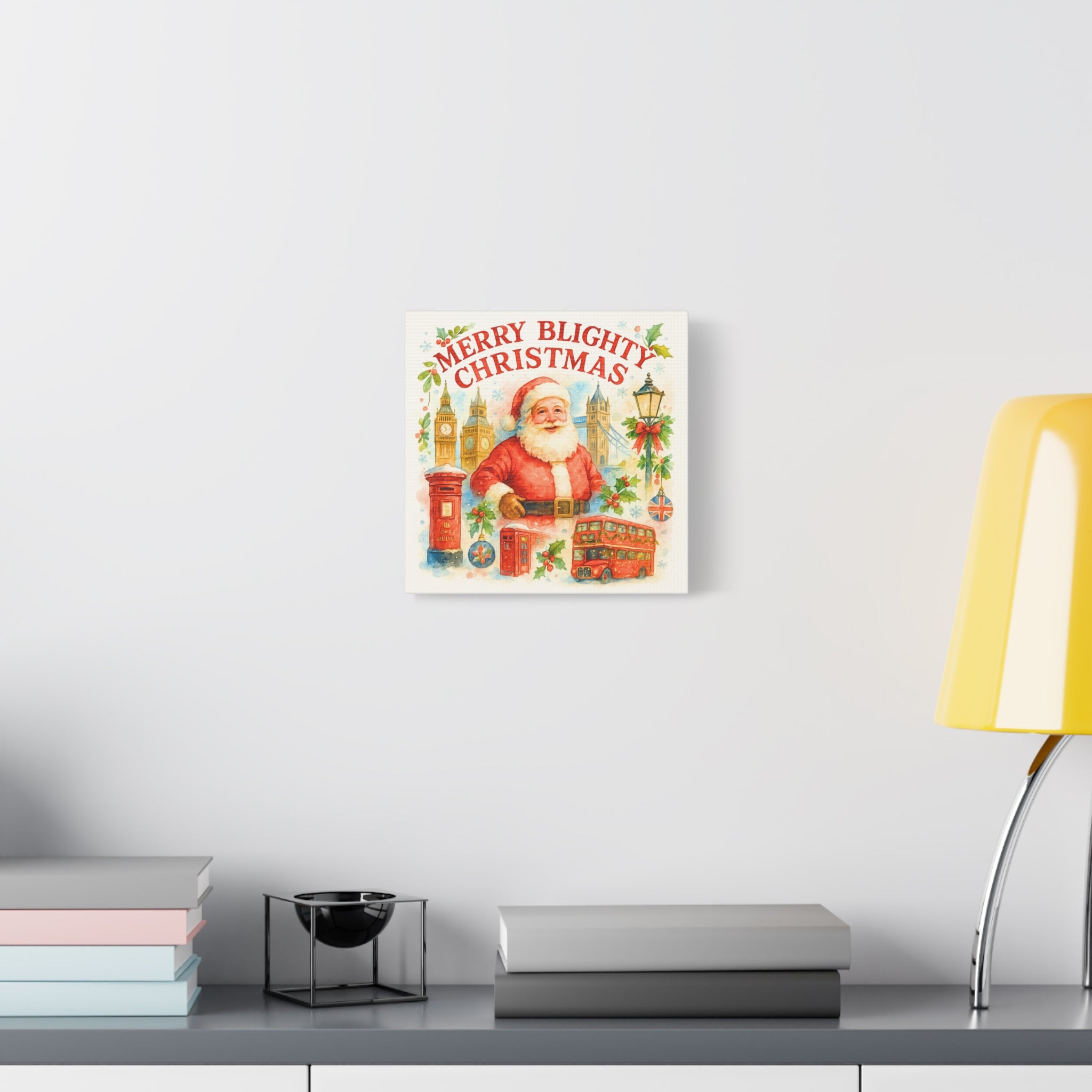 Merry Blighty Christmas Canvas Art - Vintage Watercolour London Scene | British Santa Wall Art | Cozy UK Festive Holiday Decor