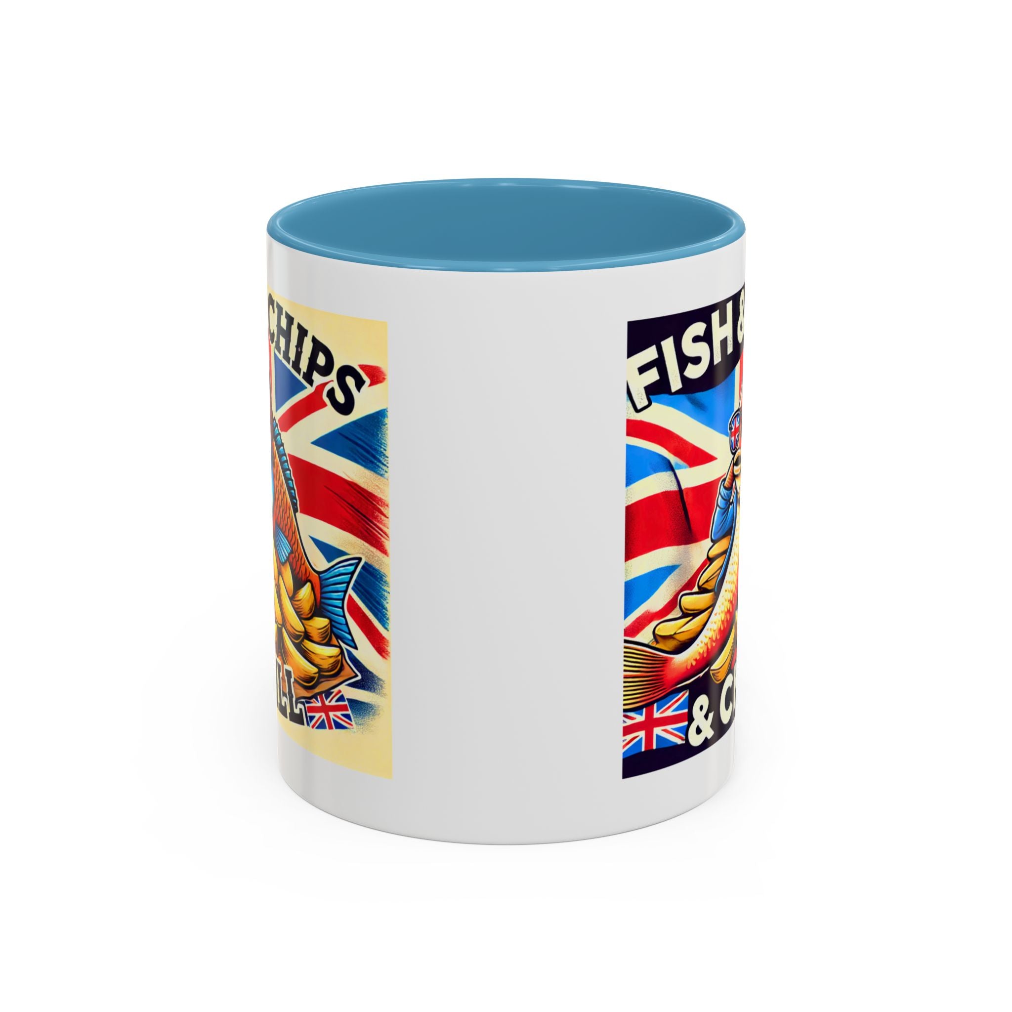 Fish & Chips n Chill Mug | Funny British Coffee Cup | Foodie Gift | Quirky UK Tea Mug | Accent Coffee Cup for Home or Office