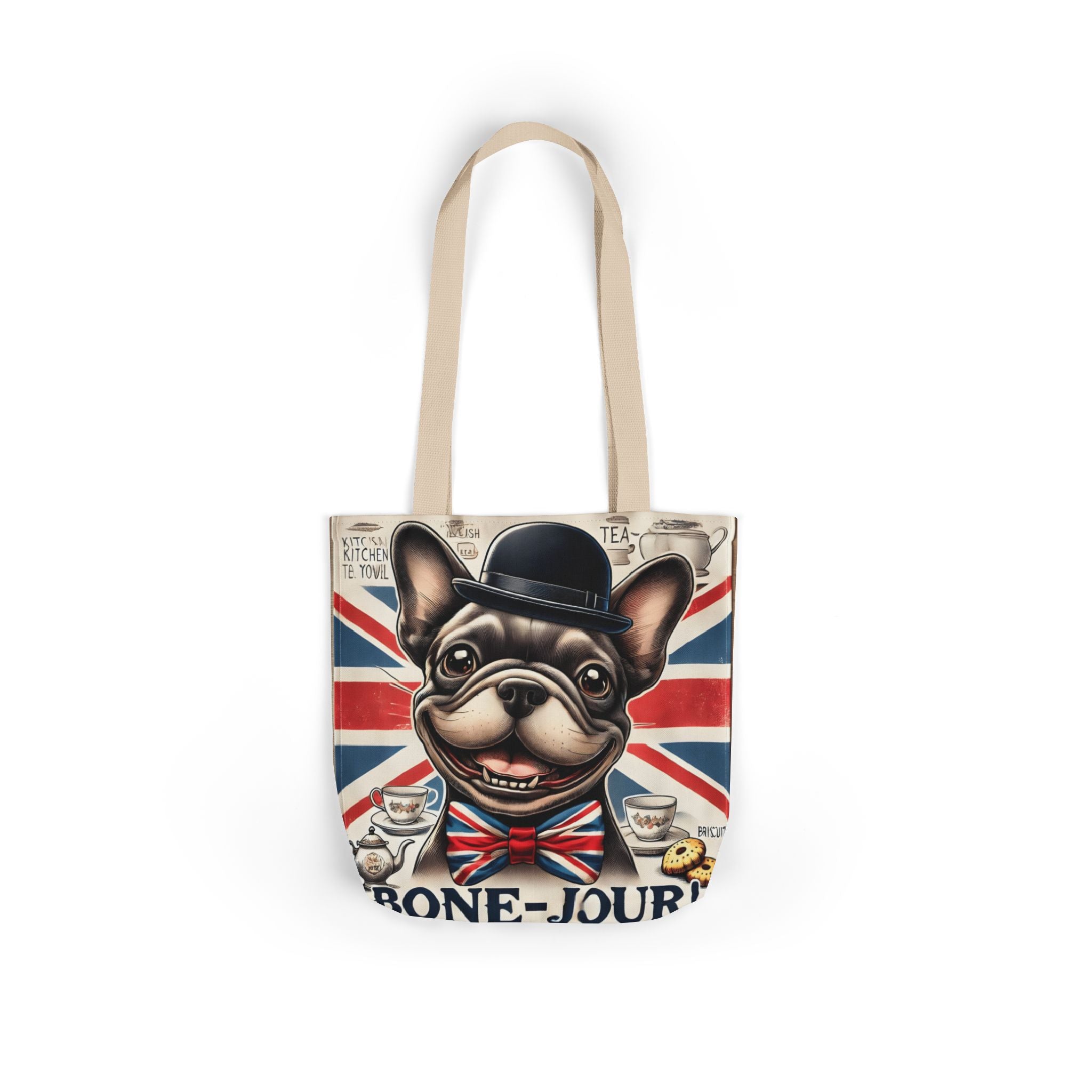 Bone-Jour Tote Bag | Union Jack Frenchie Bag | Fun Dog Mum Gift | Reusable Shopping Bag | French Bulldog Shoulder Bag, Dog Lover Gift