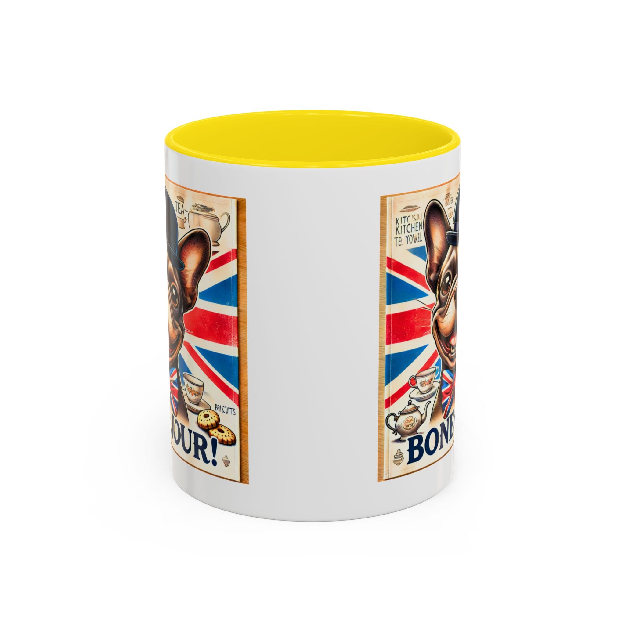 Bone-Jour Frenchie Mug | Funny Dog Lover Accent Coffee Cup | Cute French Bulldog Gift | Whimsical Patriotic Tea Mug | British Kitchen Decor