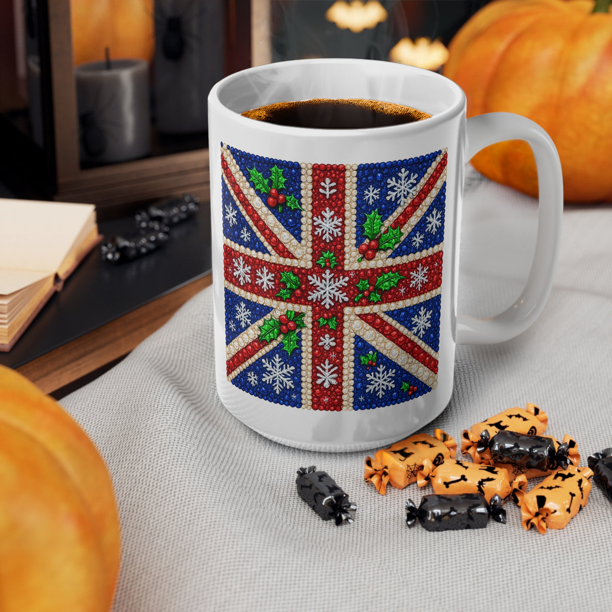 Rhinestone-style Union Jack Christmas mug with snowflakes