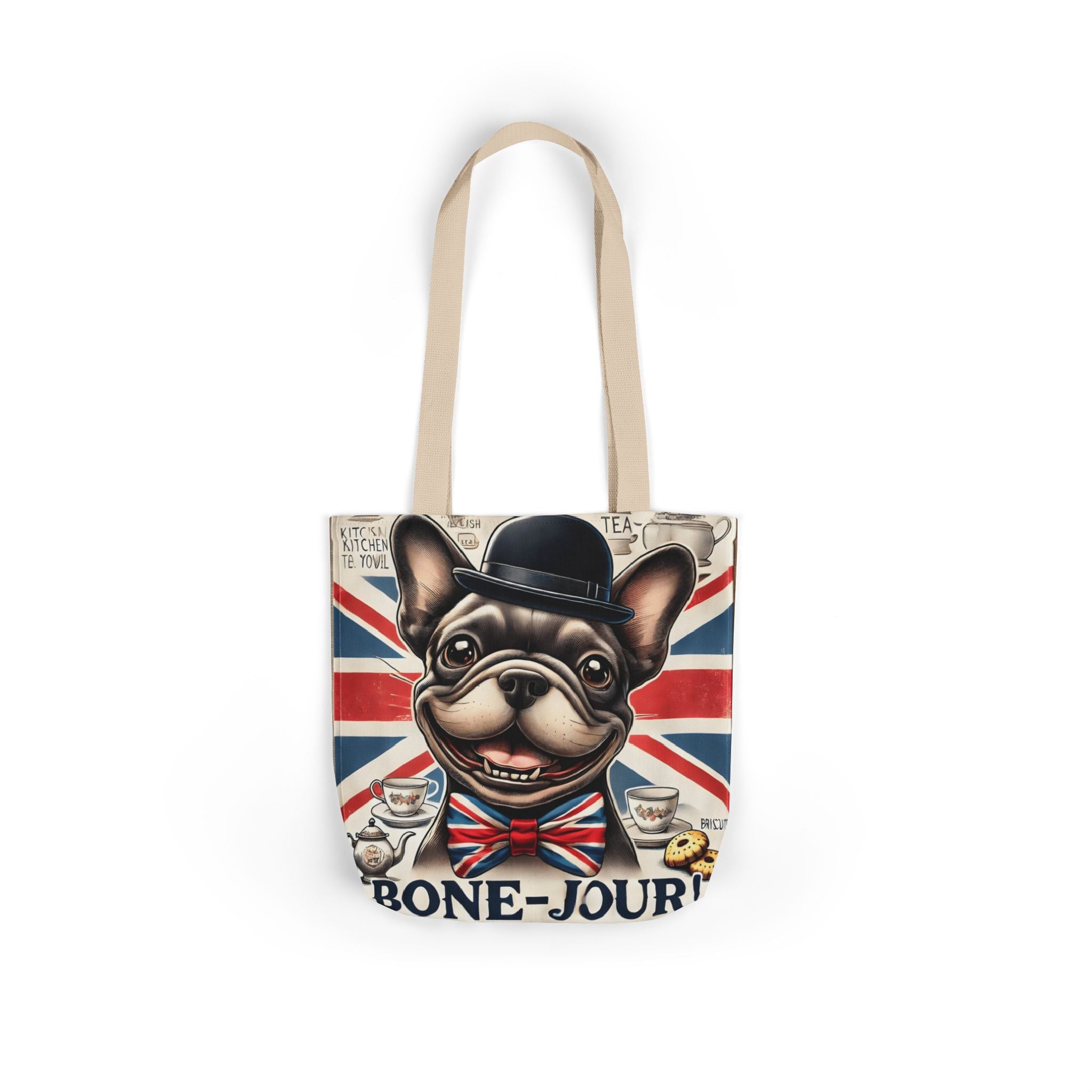 Bone-Jour Tote Bag | Union Jack Frenchie Bag | Fun Dog Mum Gift | Reusable Shopping Bag | French Bulldog Shoulder Bag, Dog Lover Gift