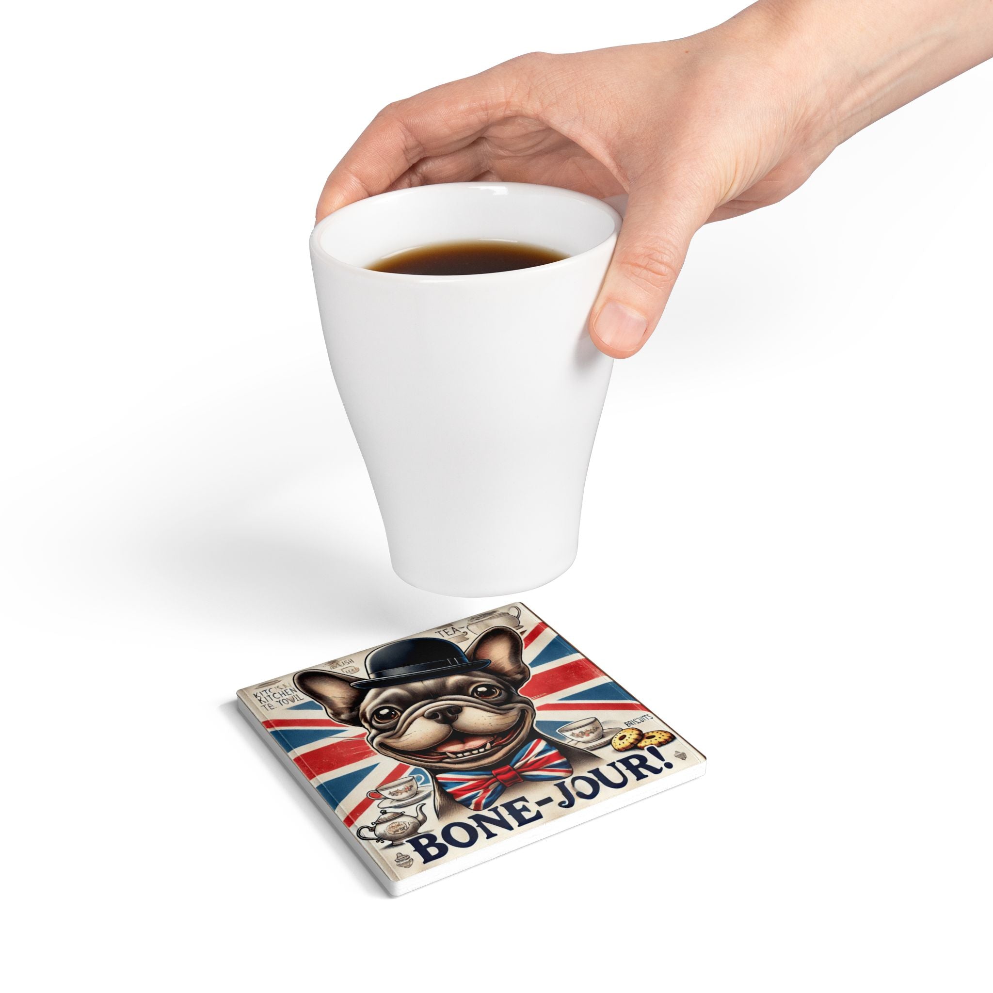 Bone-Jour Funny French Bulldog Coaster | British Dog Lover Gift | Union Jack Tea & Coffee Coaster | Unique Home Decor Pet Lover Gift