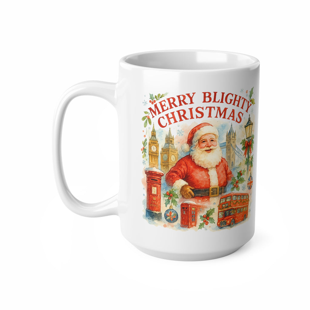 Merry Blighty Christmas Mug - Colourful Watercolour London Santa Cup | British Xmas Gift | Festive UK Holiday Mug