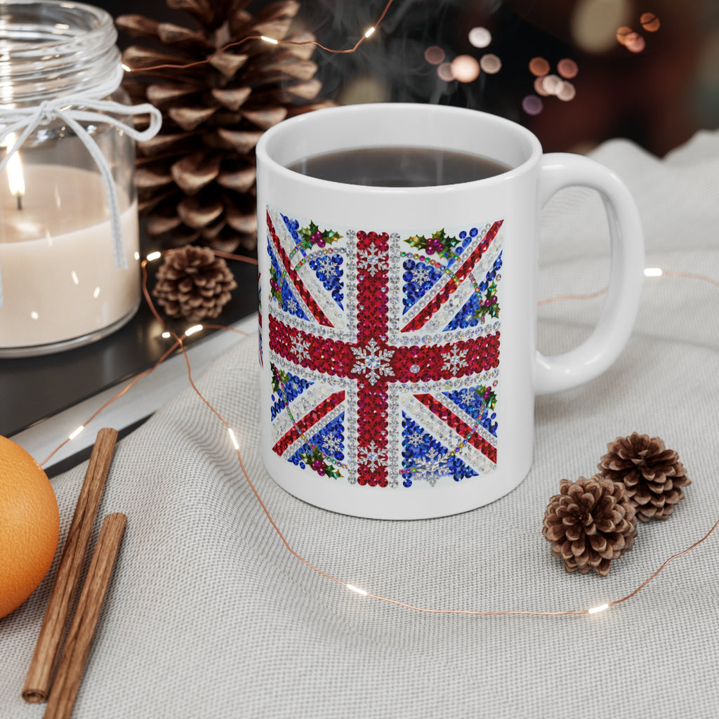 Jewelled Union Jack Christmas mug with gemstone-style flag and holly, photo 4