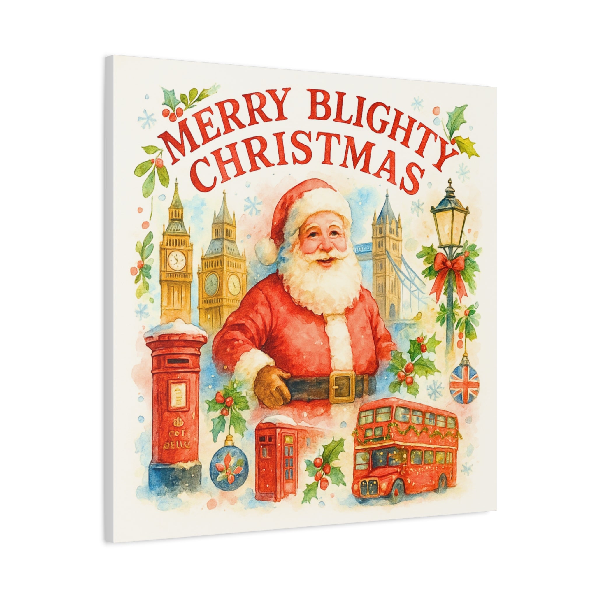 Merry Blighty Christmas Canvas Art - Vintage Watercolour London Scene | British Santa Wall Art | Cozy UK Festive Holiday Decor