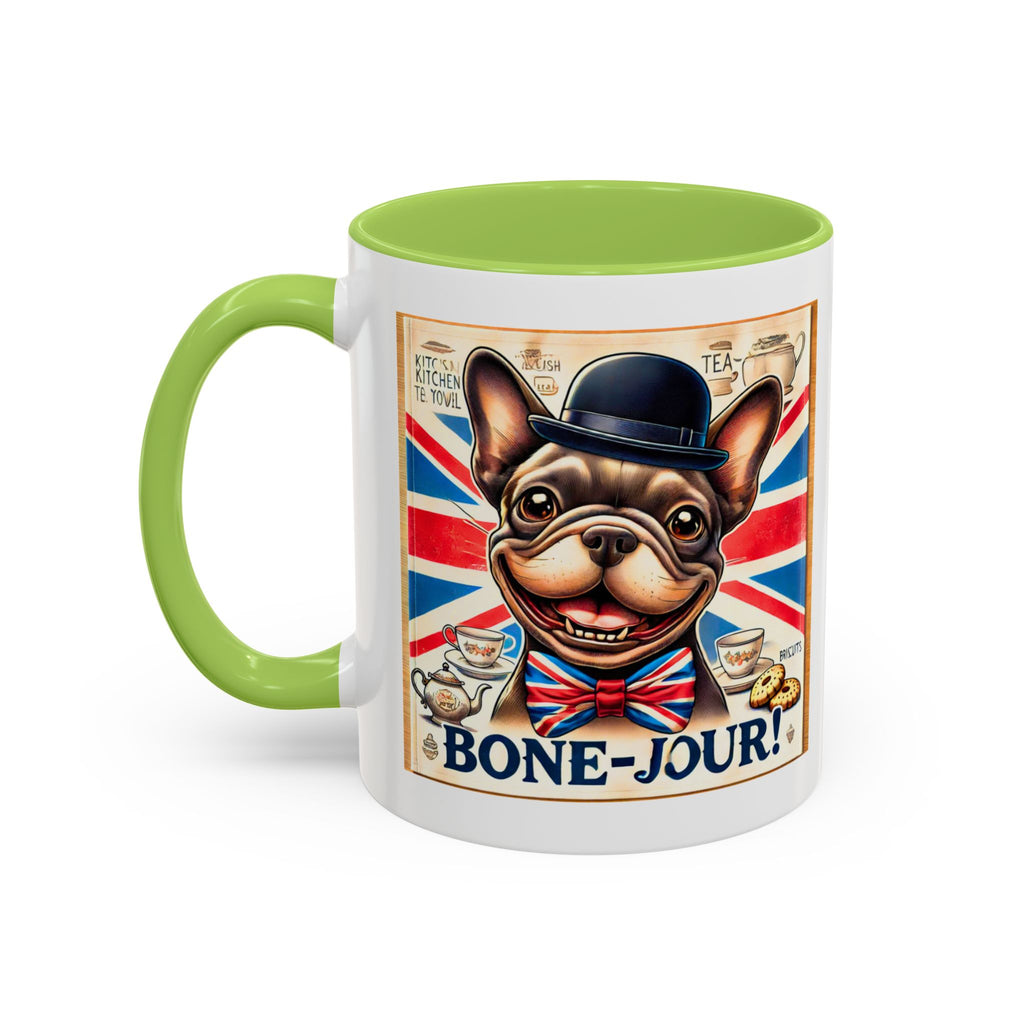 Bone-Jour Frenchie Mug | Funny Dog Lover Accent Coffee Cup | Cute French Bulldog Gift | Whimsical Patriotic Tea Mug | British Kitchen Decor