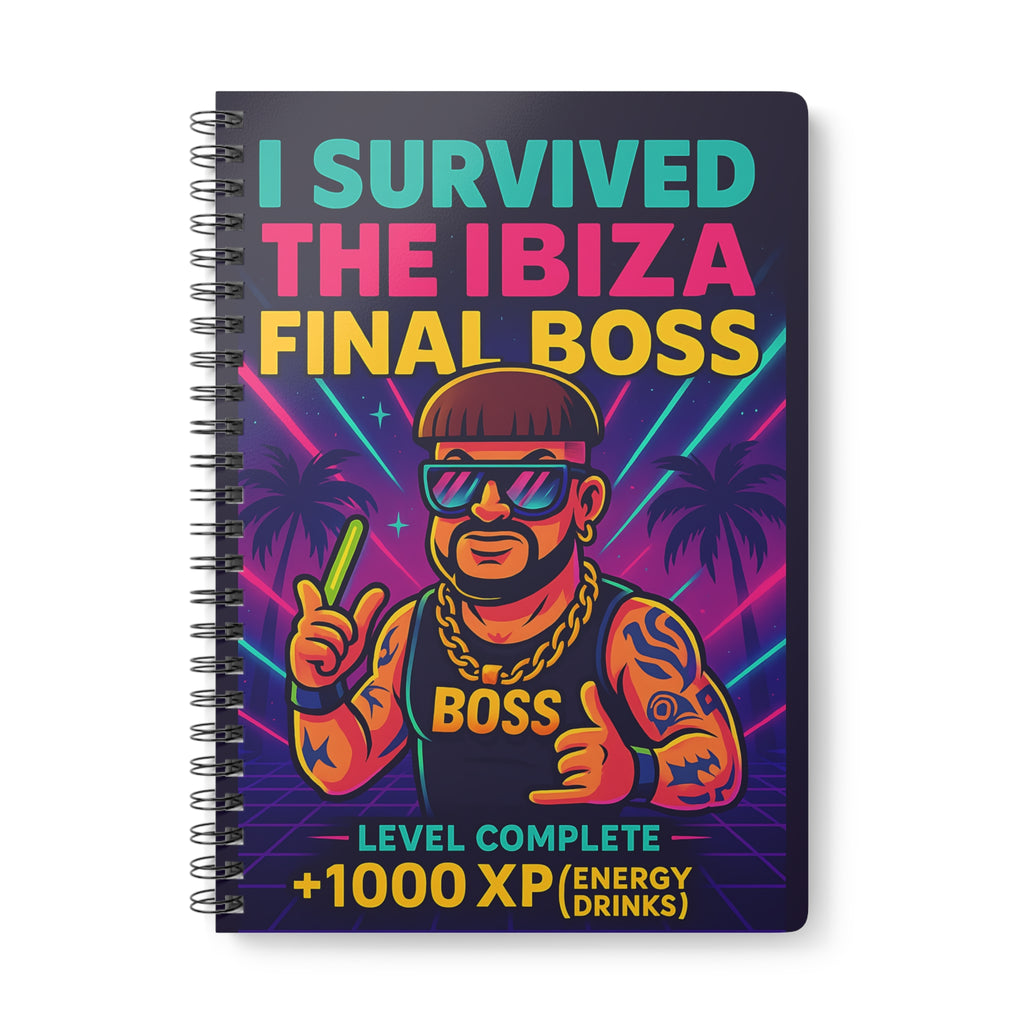 I Survived the Ibiza Final Boss Journal | Funny UK Summer Meme Notebook | British Rave Party Gift | A5 Neon Festival Uni Stationery