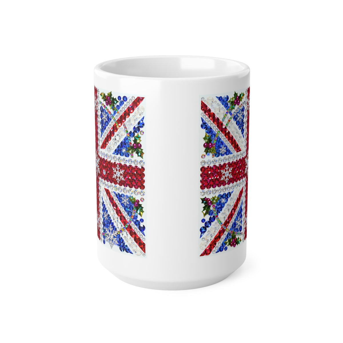 Jewelled Union Jack Christmas mug with gemstone-style flag and holly, photo 2
