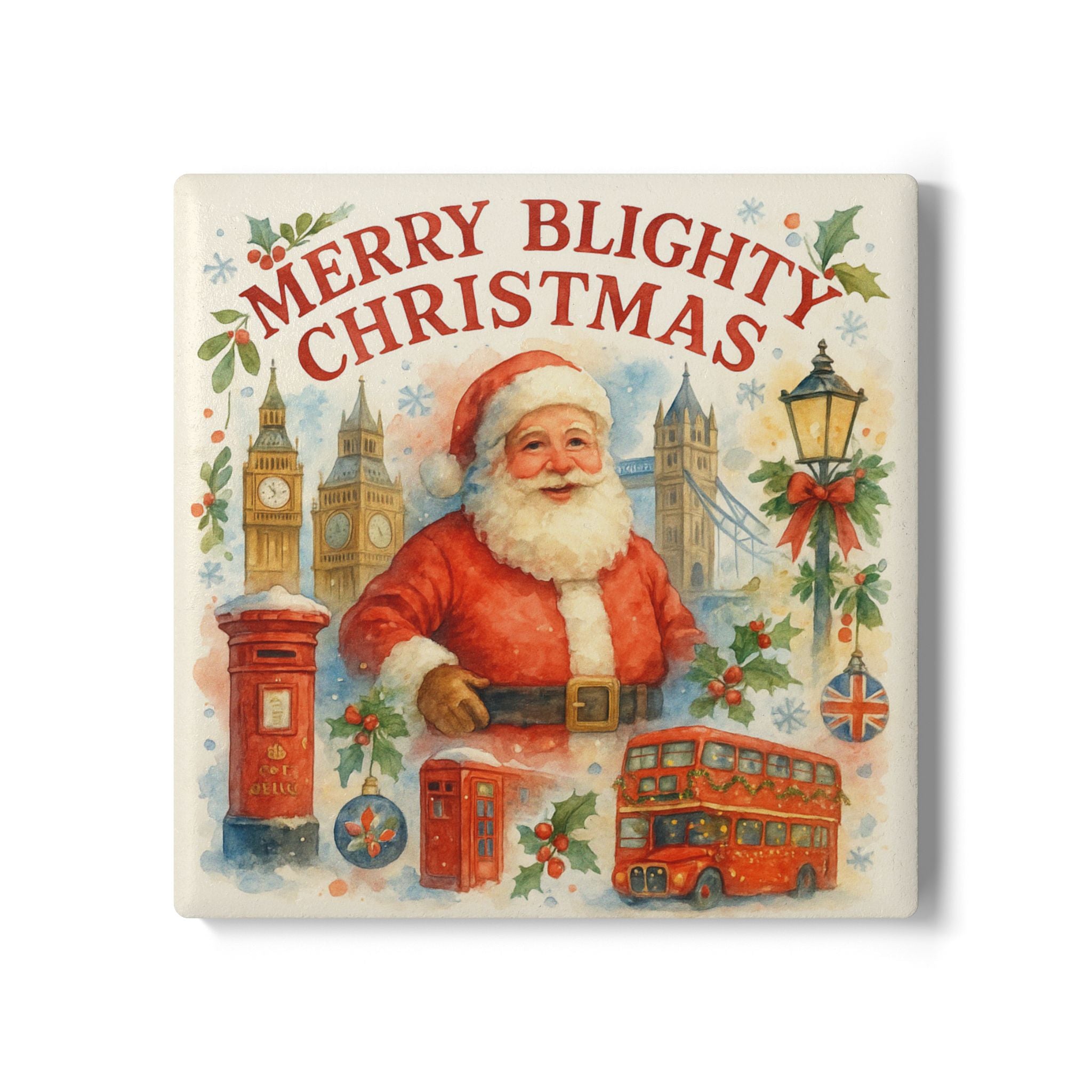 Merry Blighty Christmas Coaster | Watercolour UK Santa London Kitchen Decor Gift