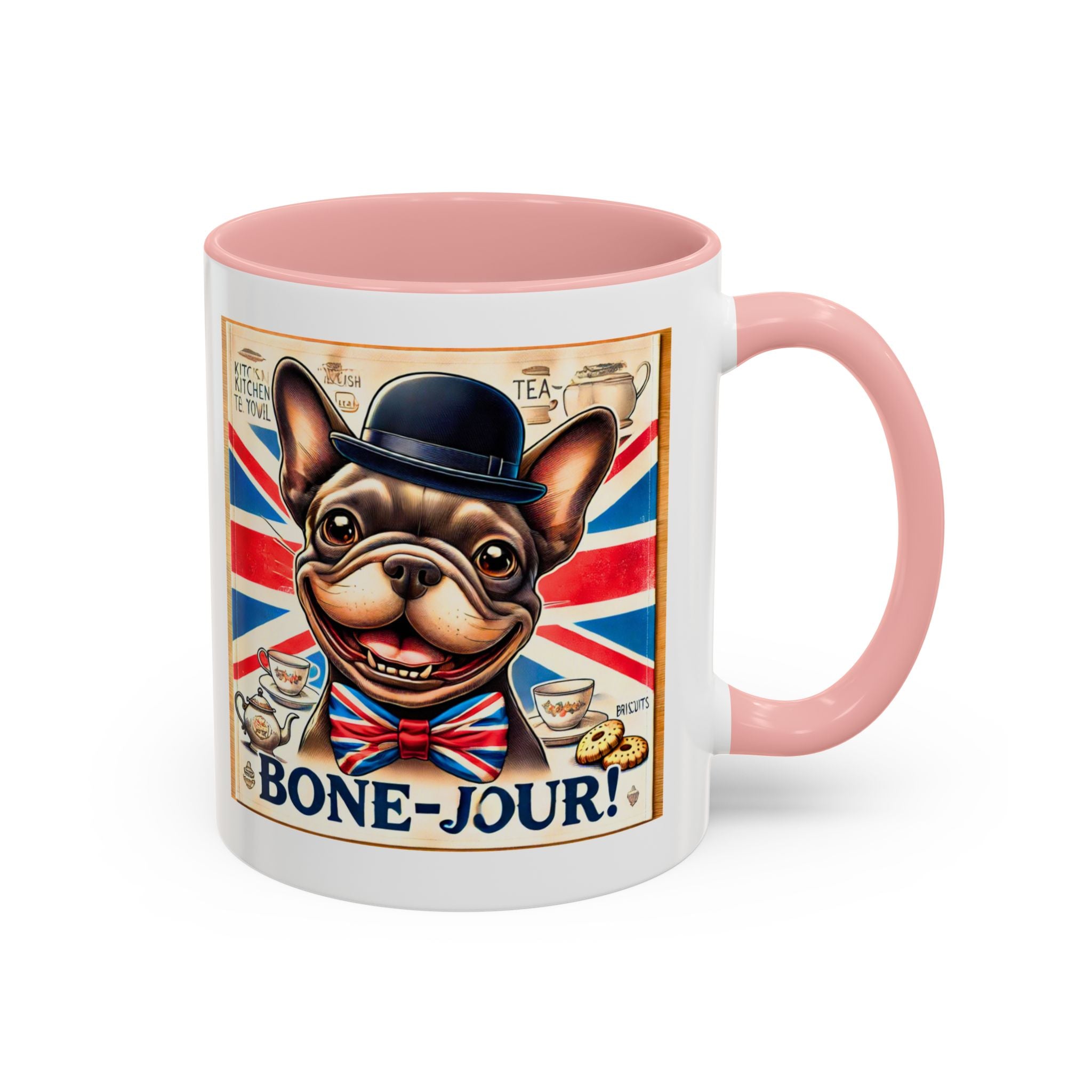 Bone-Jour Frenchie Mug | Funny Dog Lover Accent Coffee Cup | Cute French Bulldog Gift | Whimsical Patriotic Tea Mug | British Kitchen Decor