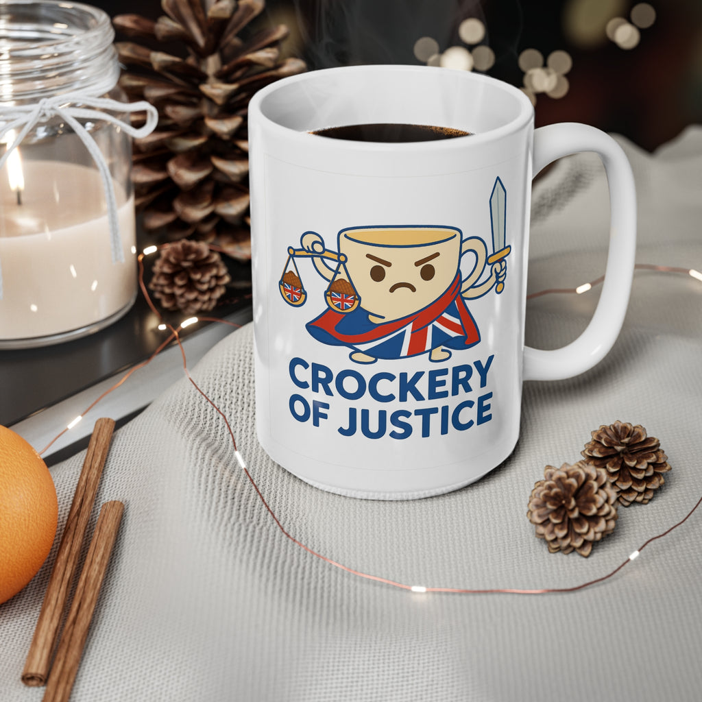 Crockery of Justice Mug | Funny Union Jack Cup with Scales & Sword | Quirky British Tea Humour Cup | UK Patriot Gift