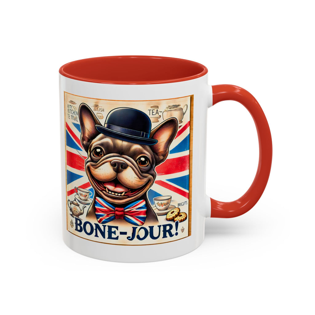Bone-Jour Frenchie Mug | Funny Dog Lover Accent Coffee Cup | Cute French Bulldog Gift | Whimsical Patriotic Tea Mug | British Kitchen Decor