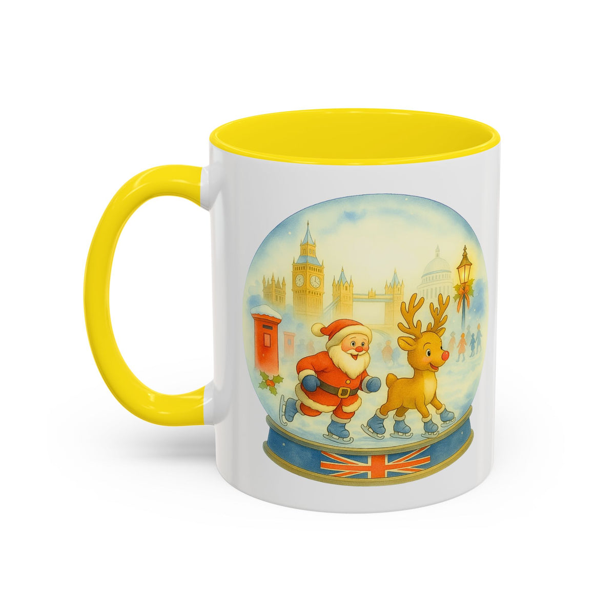 Santa and Rudolph ice skating London snowglobe Christmas mug, photo 4